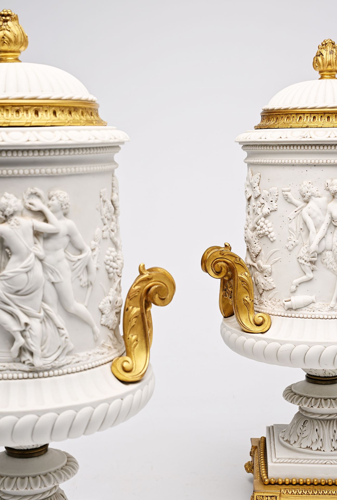 A pair of French biscuit gilt bronze mounted vases and covers with a frieze with bacchantes, Sevres - Image 12 of 14