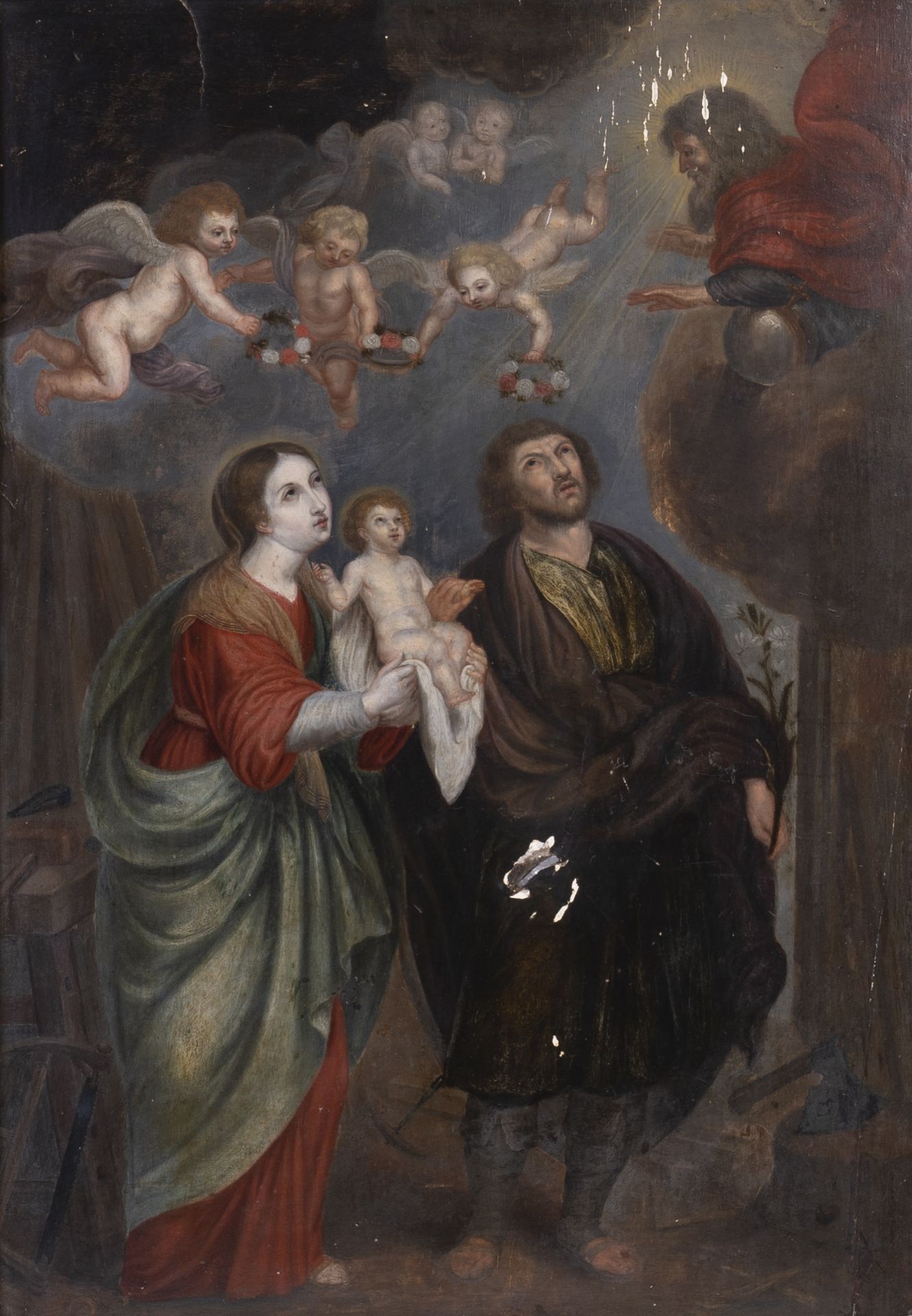 French school: The Holy Family, oil on panel, 18th C.