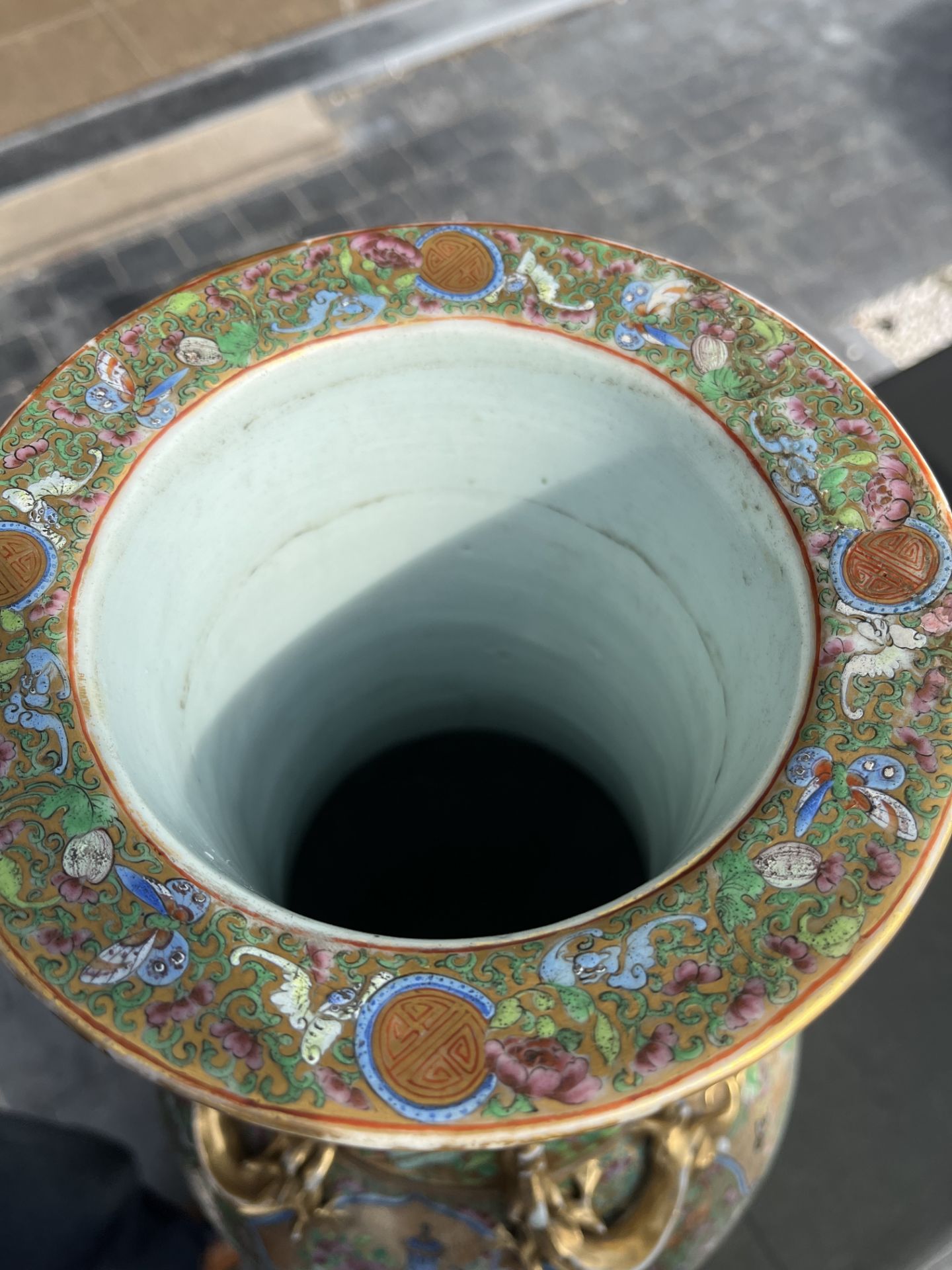 A pair of Chinese Canton famille rose gold ground vases with birds and butterflies among blossoming - Image 60 of 60