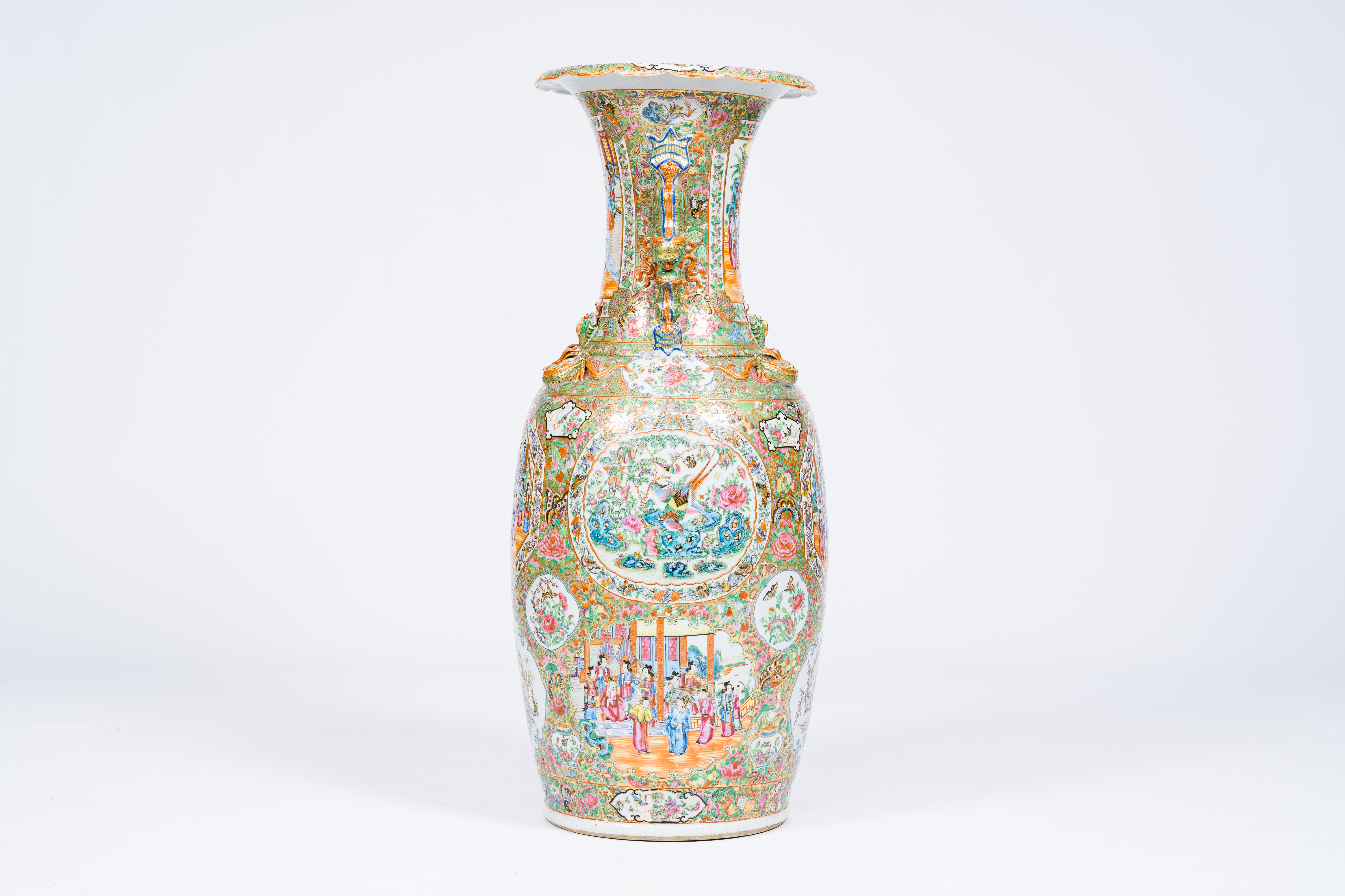 A large and fine Chinese Canton famille rose vase with palace scenes, birds and butterflies among bl - Image 2 of 6