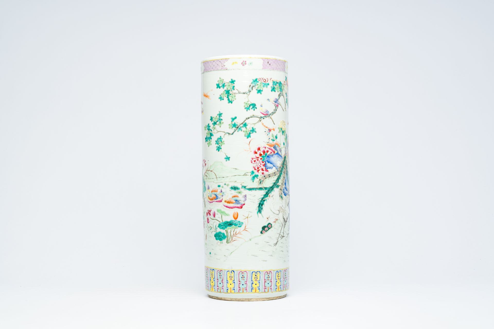 A Chinese cylindrical famille rose vase with birds among blossoming branches, 19th C. - Image 7 of 12