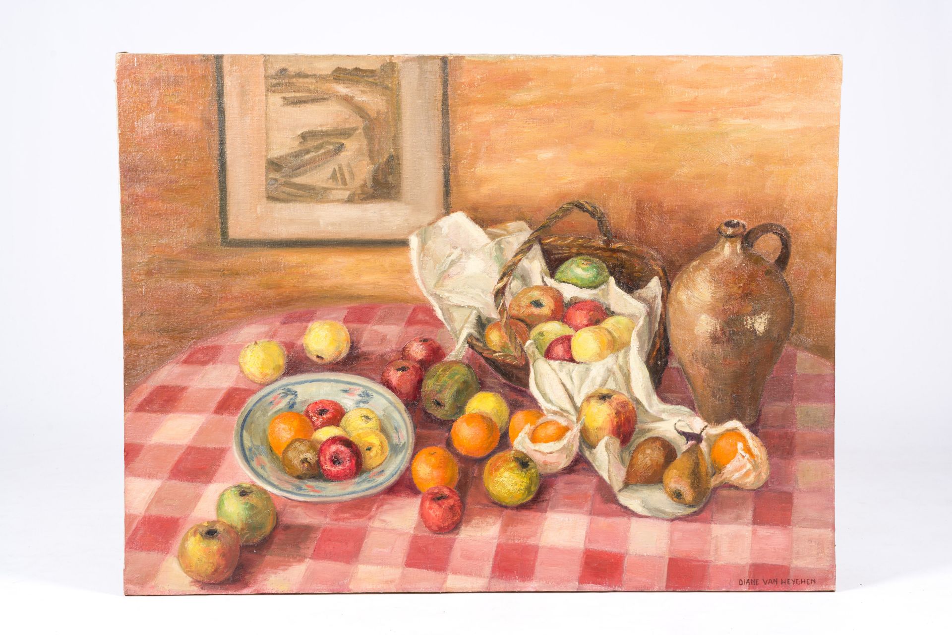 Diane Van Heyghen (20th C.): Still life with fruits and tableware, oil on canvas - Bild 2 aus 5