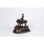 Pierre-Jules Mene (1810-1879, after): 'Valet de chasse Louis XV et sa harde', patinated bronze on a