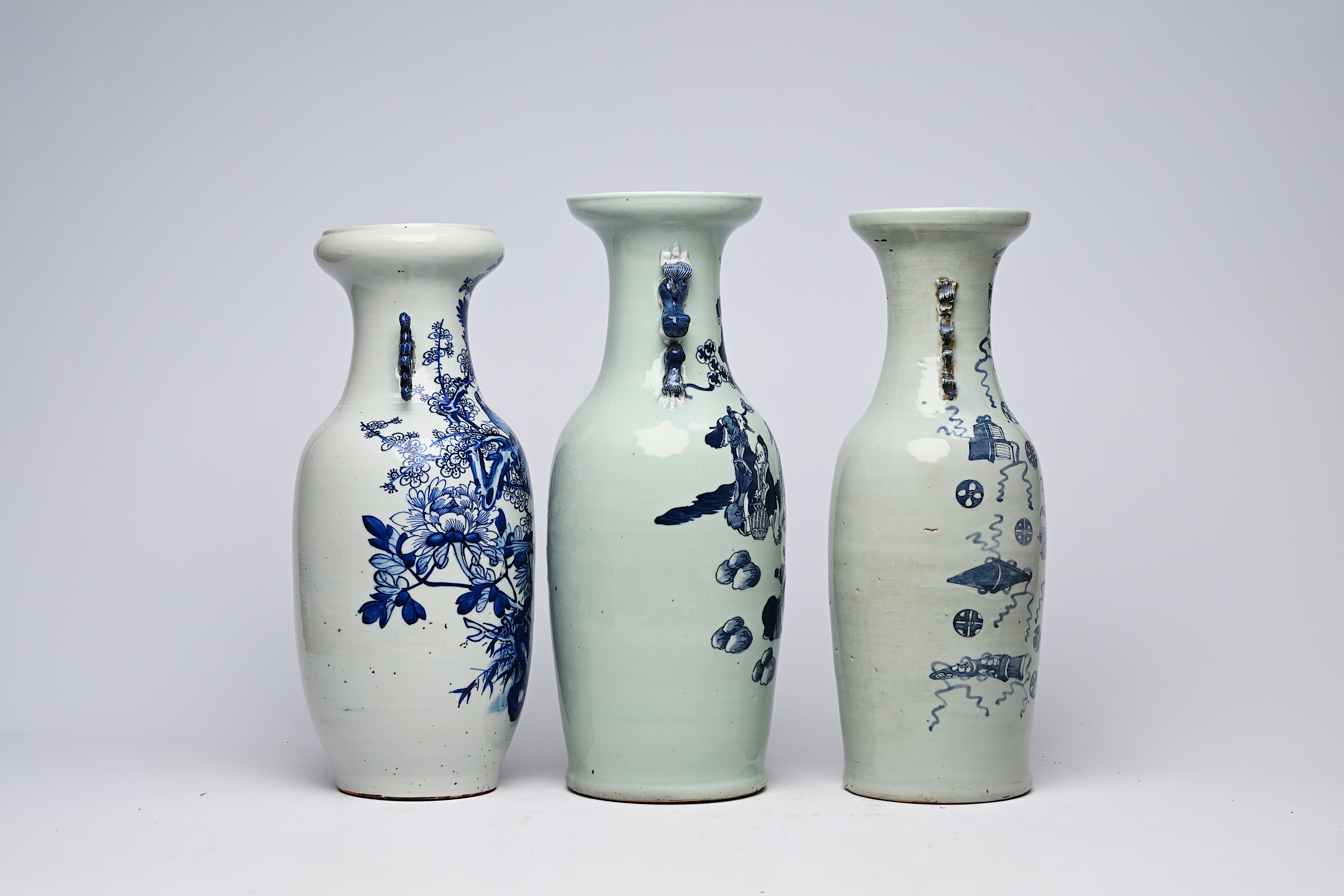 Three various Chinese blue and white celadon ground vases, 19th/20th C. - Image 7 of 16