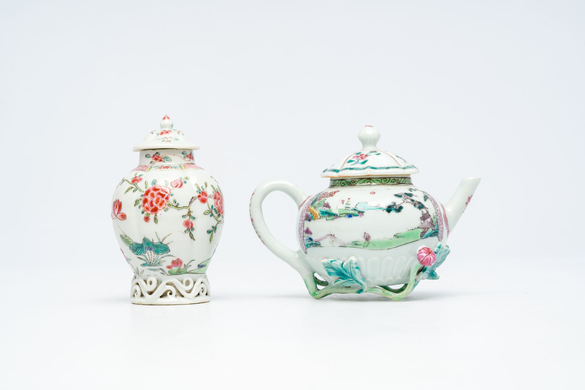 A Chinese famille rose relief-decorated teapot and a tea caddy, Yongzheng/Qianlong - Image 3 of 7