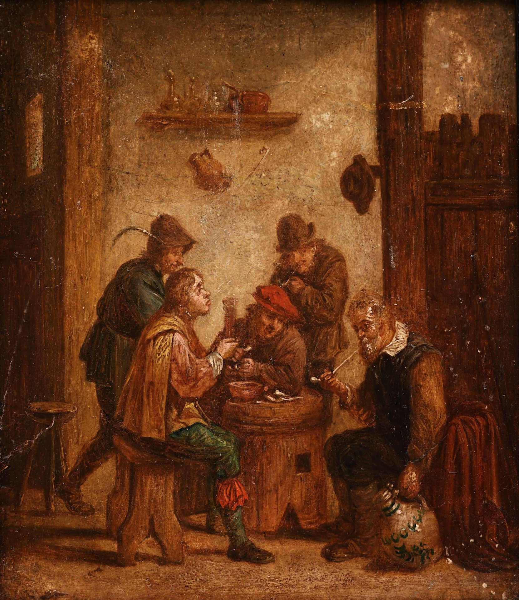 Flemish school, in the manner of David Teniers (1610-1690): Peasants making merry at an inn, oil on