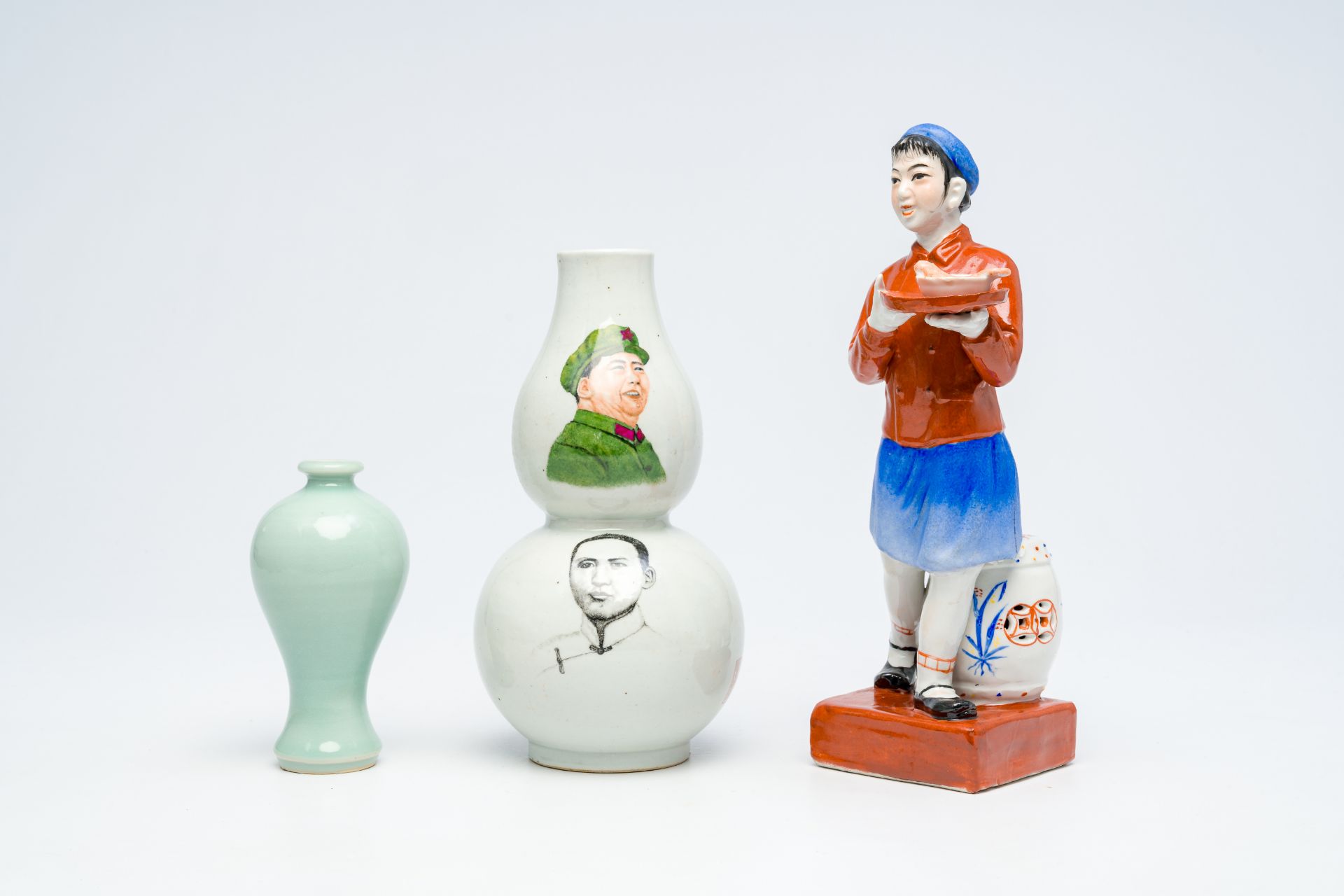 A Chinese monochrome celadon-glazed 'meiping' vase, a double gourd-shaped 'Mao' vase and a figure of - Image 2 of 16