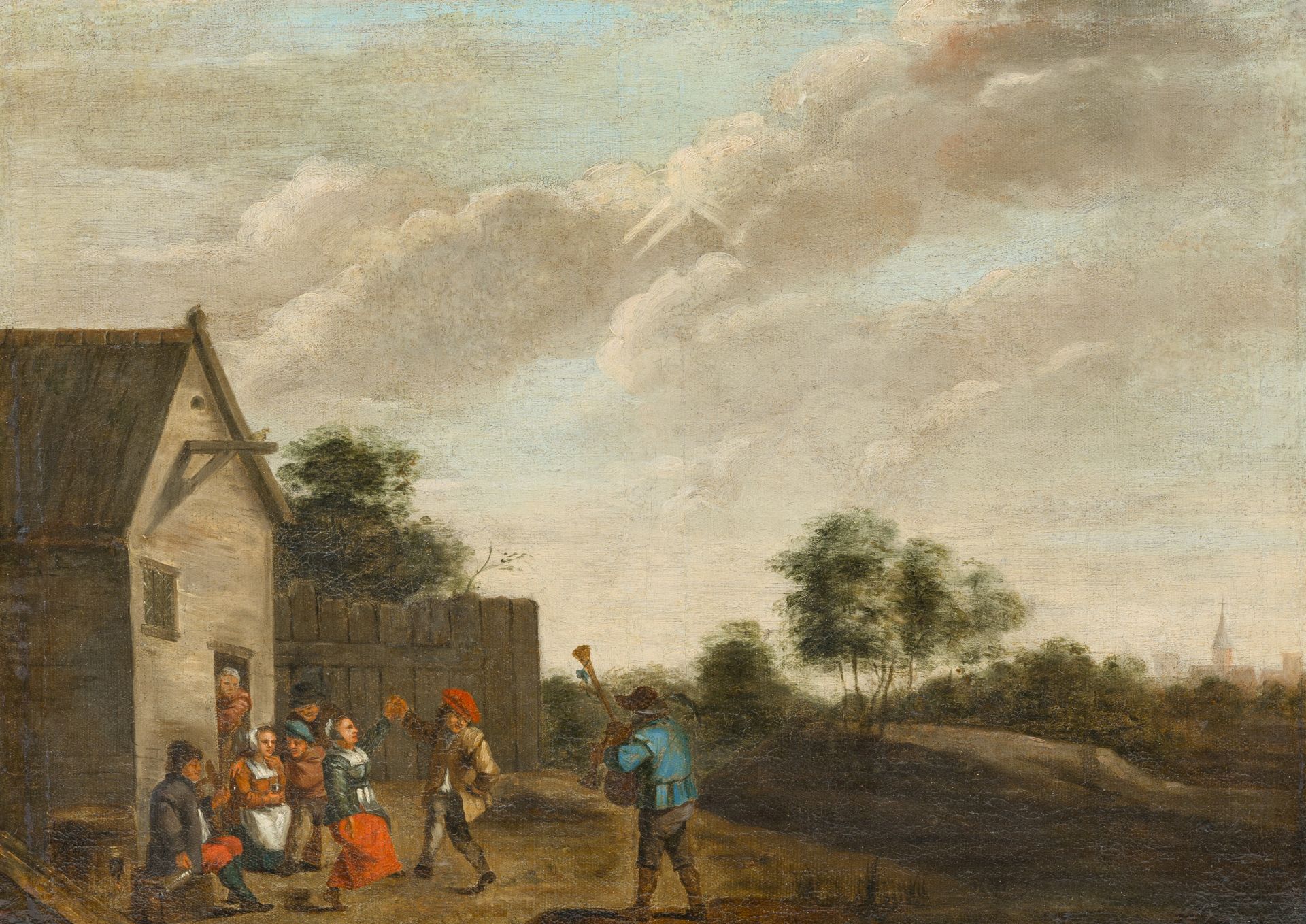 Flemish school: Peasants making merry at an inn, oil on canvas, first half 18th C.