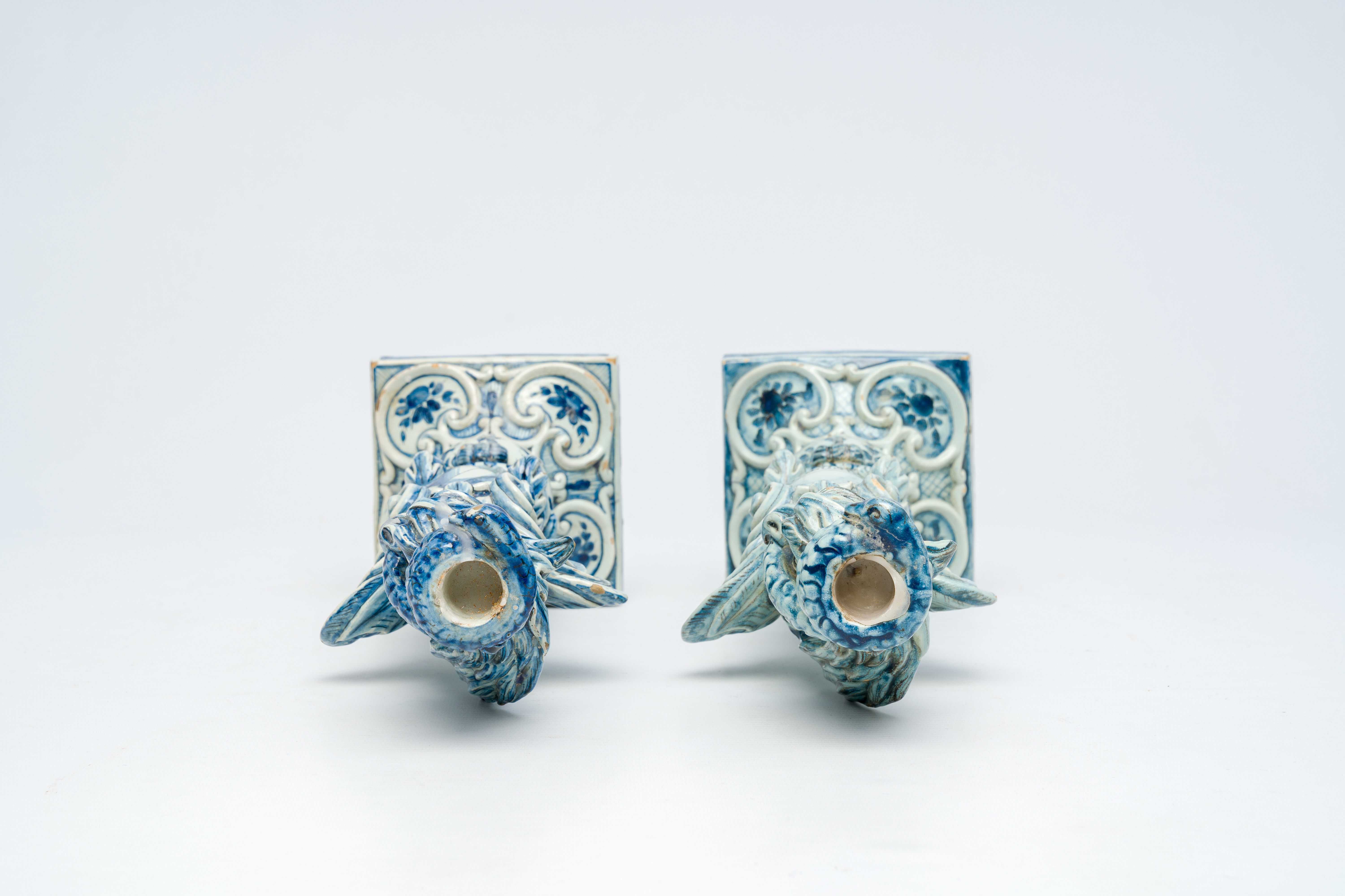 A pair of blue and white Italian pottery 'griffin' candlesticks, Cantagalli, late 19th C. - Image 6 of 7