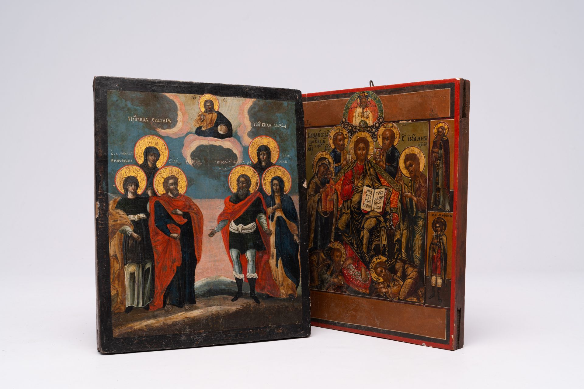 Two orthodox icons, 'Jesus Christ enthroned (Deesis)' and 'Saints', 19th C. - Image 6 of 7
