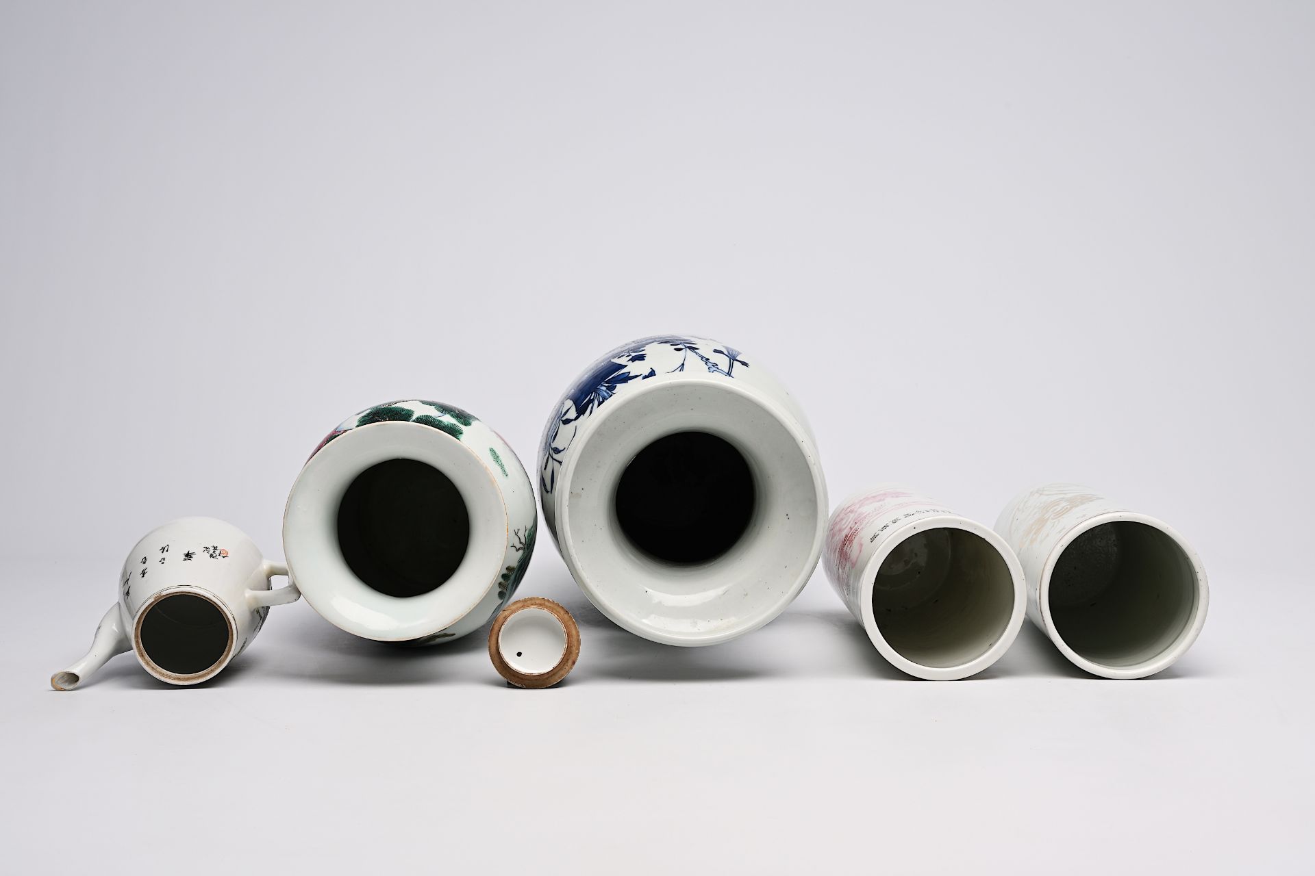 A Chinese blue and white celadon ground vase, a famille rose vase, a teapot and two hat stands, 19th - Image 10 of 12