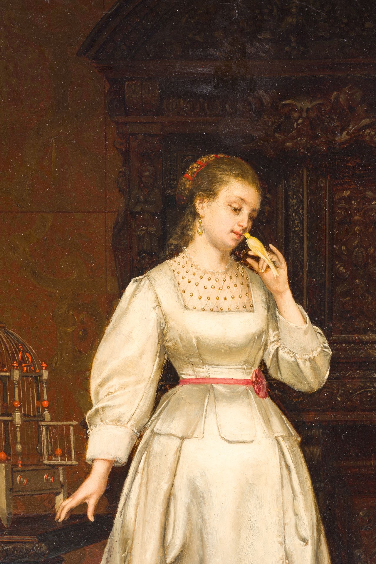 Frans Moormans (1832-1893): Lady with her parakeet in a bourgeois interior, oil on panel, dated 1872 - Image 5 of 5