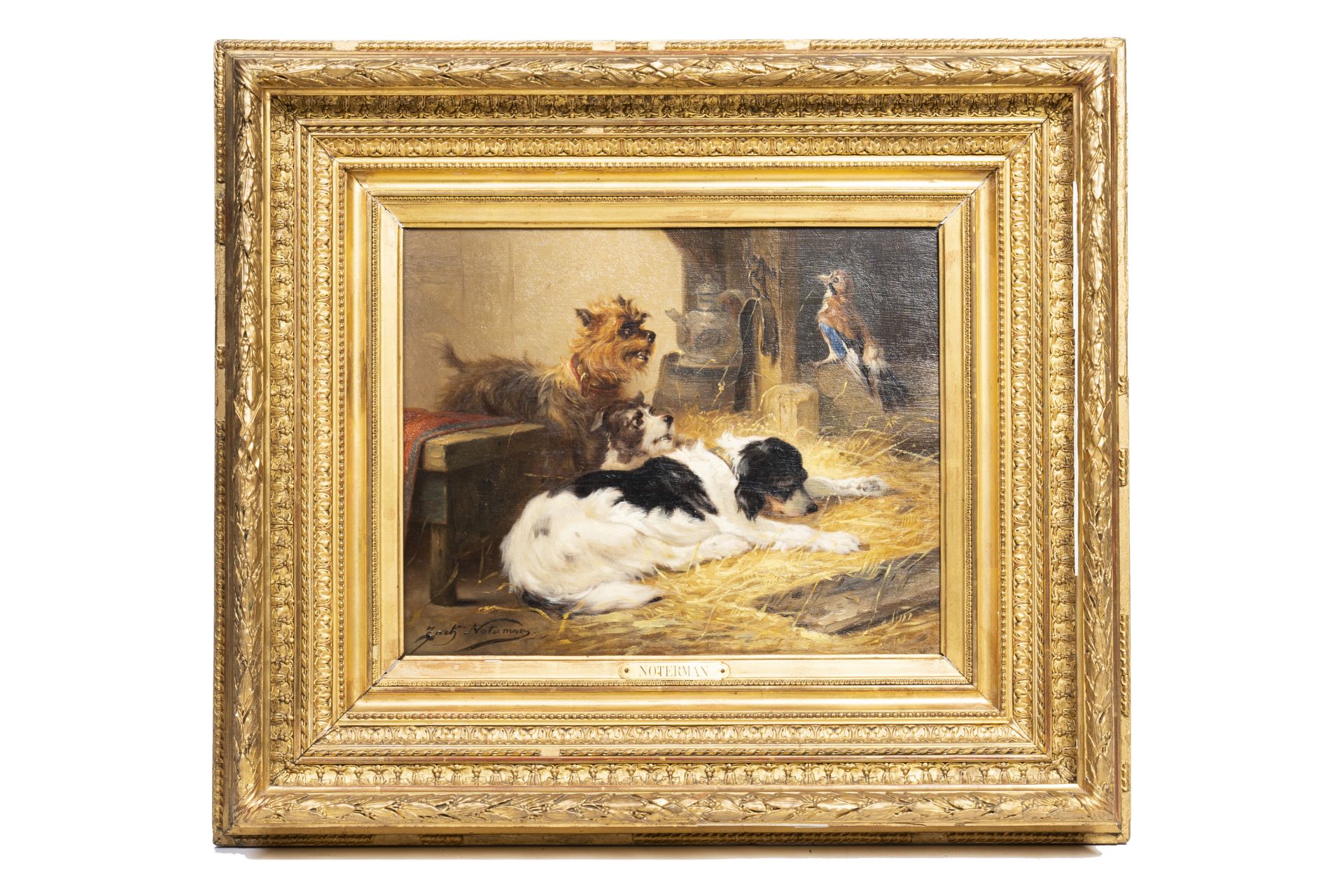 Zacharie Noterman (1820-1890): Three dogs and a jay, oil on panel - Image 2 of 4