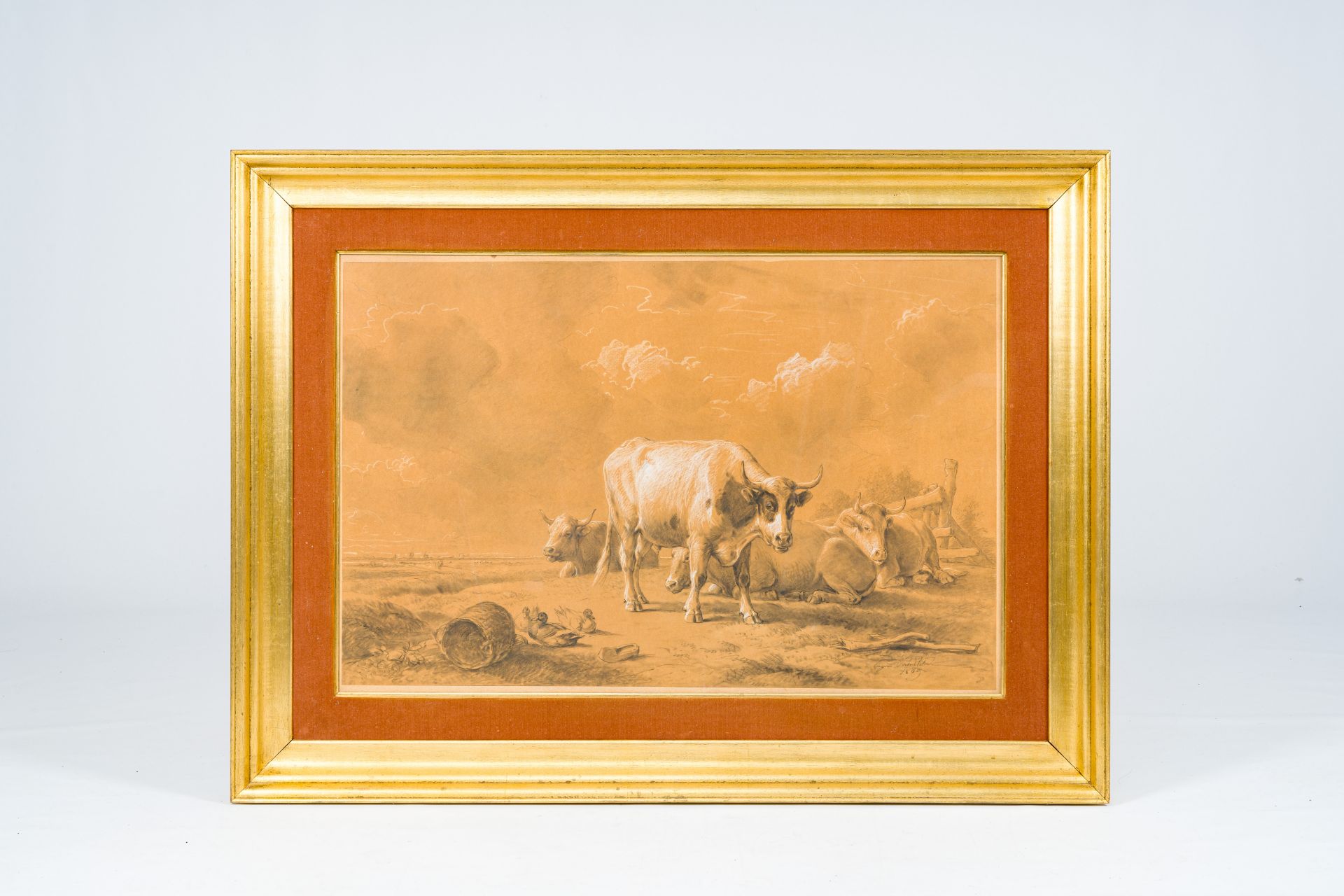 Eugene Verboeckhoven (1798-1881): Cattle in a landscape, mixed media on paper, dated 1869 - Image 2 of 4