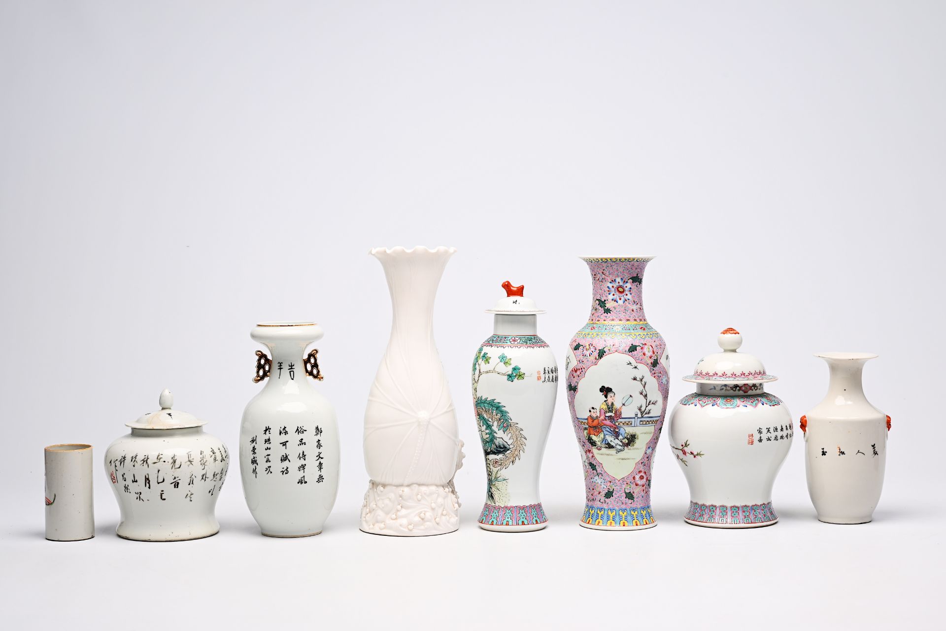 Five various Chinese famille rose and blanc de Chine vases, two jars and covers and a brush pot with - Image 5 of 18