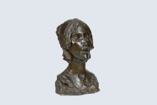 Eastern European school: Bust of a lady, brown patinated bronze, 20th C.