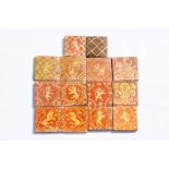 Fourteen Flemish decorated redware tiles in medieval style, 18th/19th C.