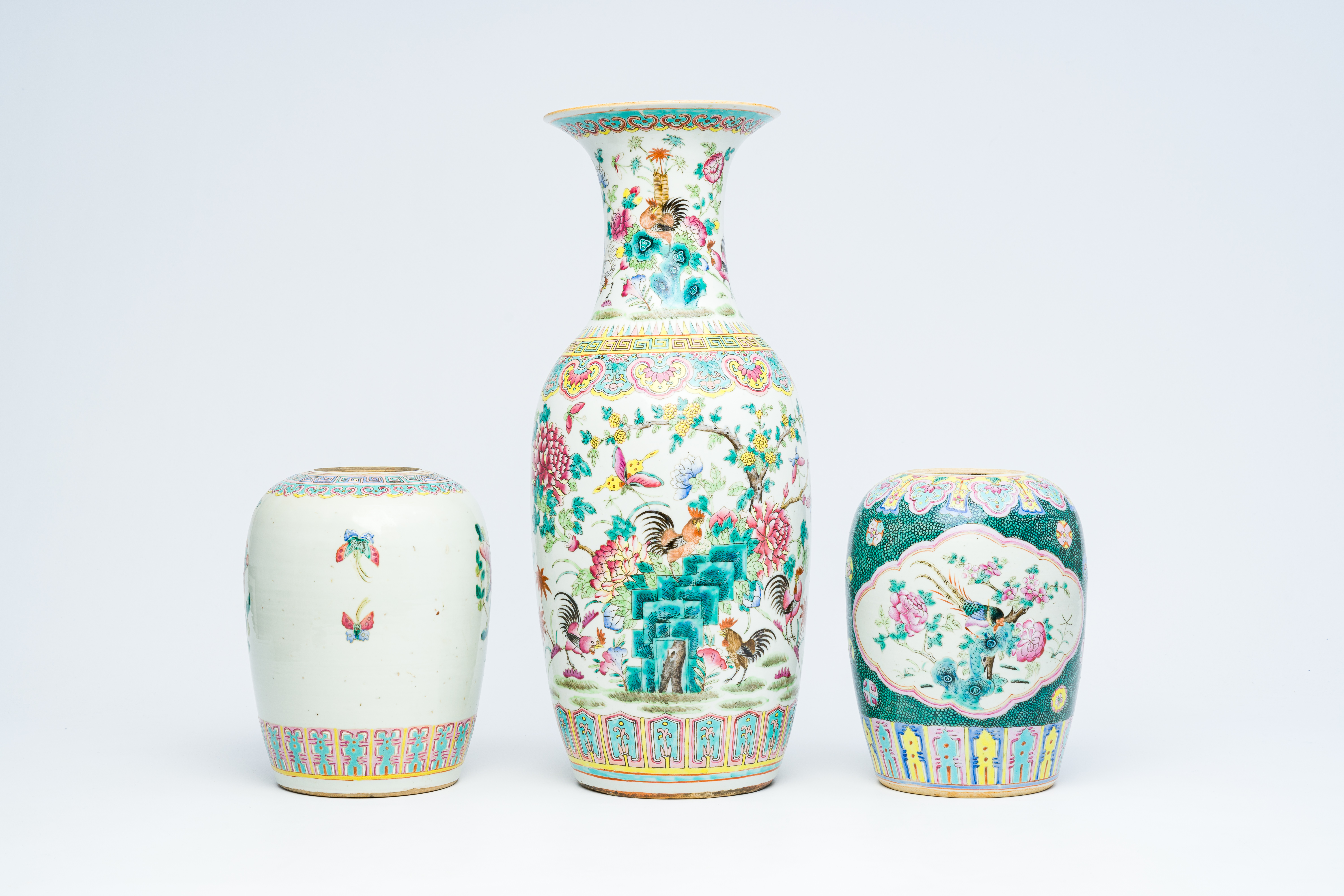 A Chinese famille rose vase and two ginger jars with birds among blossoming branches, 19th C. - Image 6 of 12