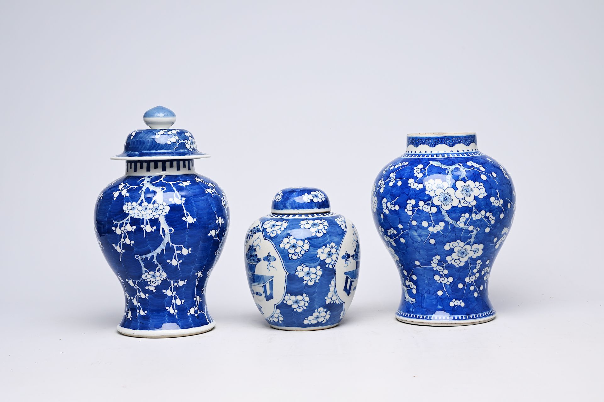Two Chinese blue and white prunus on cracked ice ground vases and a jar and cover with antiquities, - Image 8 of 16