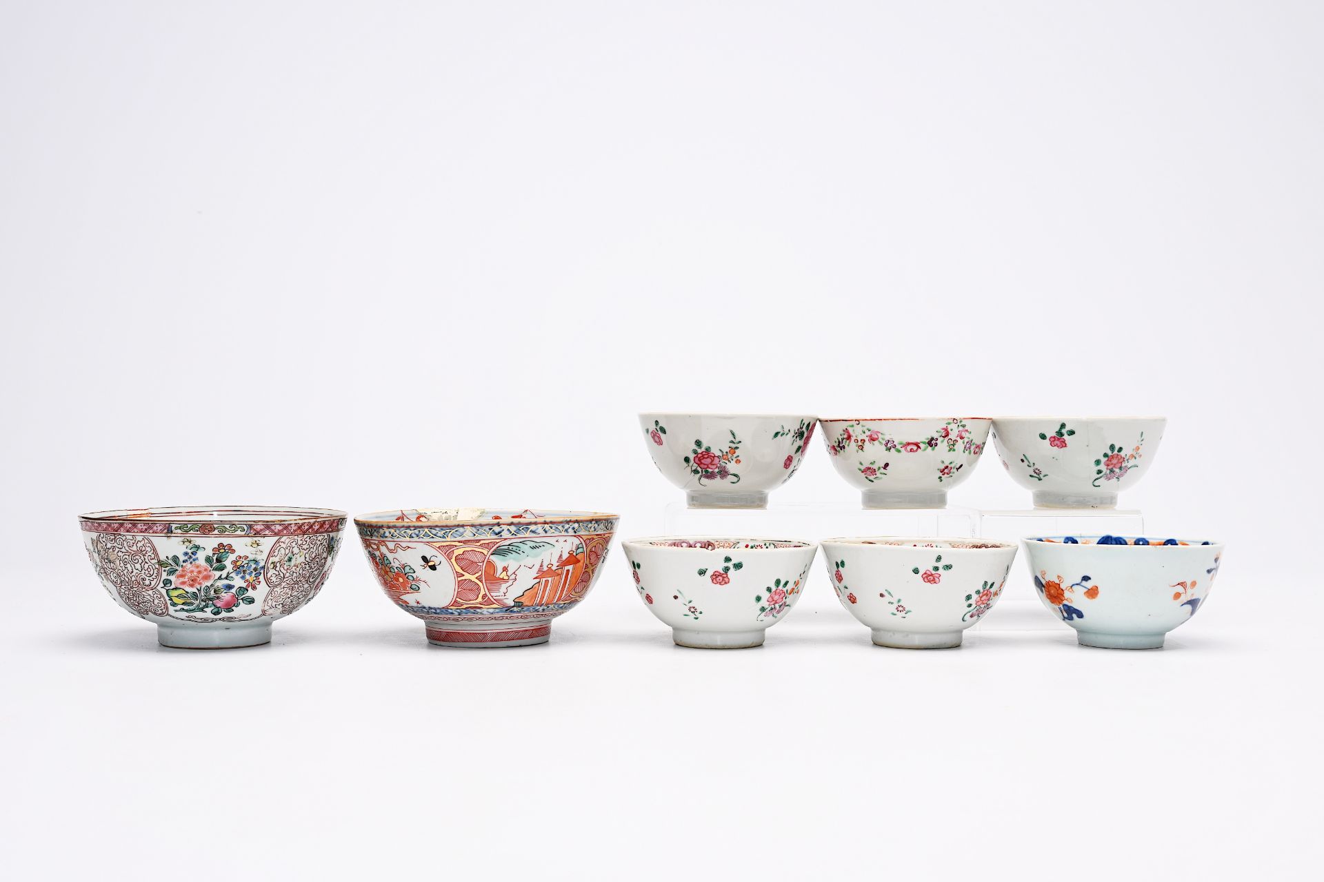 Eight Chinese famille rose, Imari style and Amsterdams bont cups and bowls, Yongzheng/Qianlong - Image 6 of 12