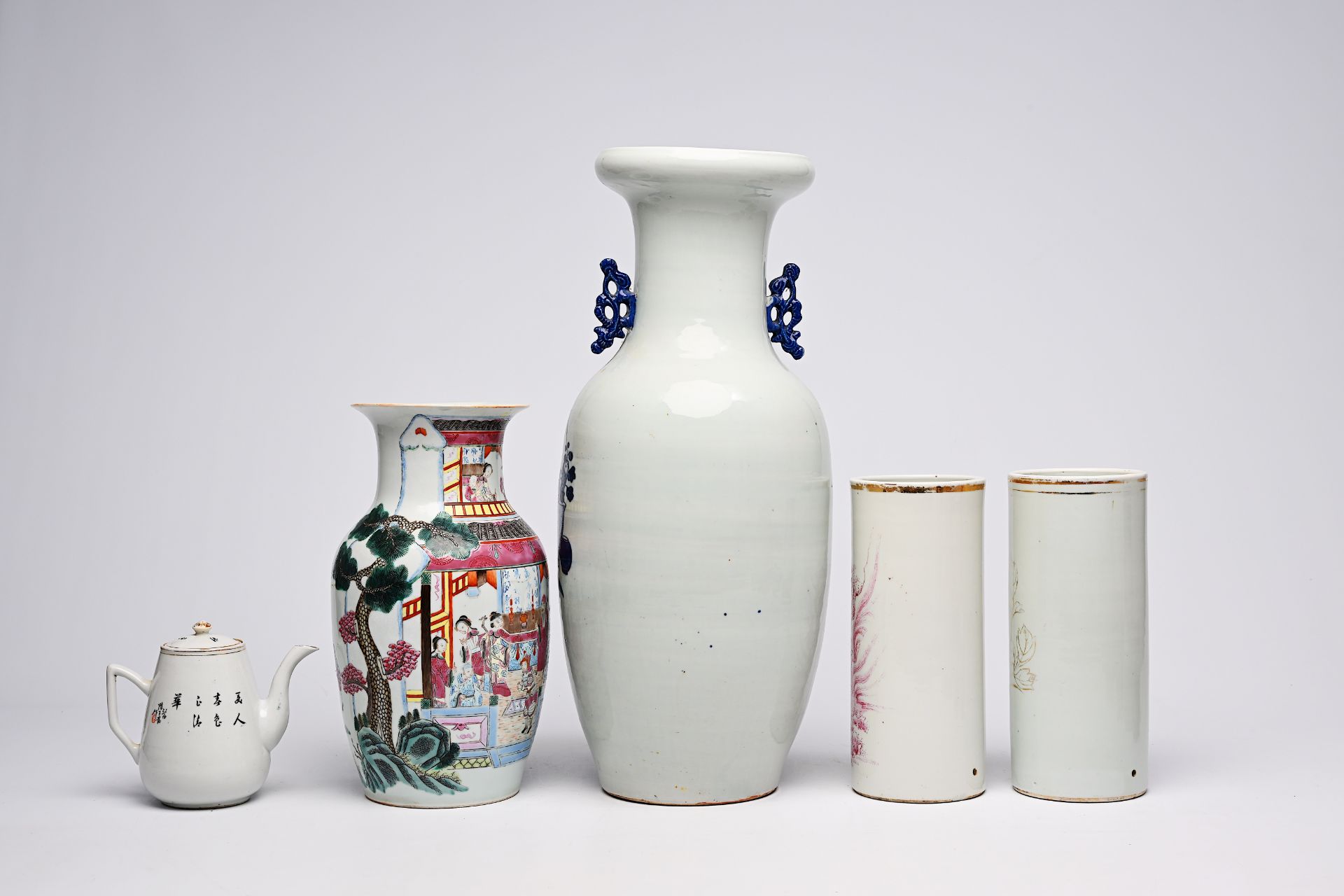 A Chinese blue and white celadon ground vase, a famille rose vase, a teapot and two hat stands, 19th - Image 6 of 12