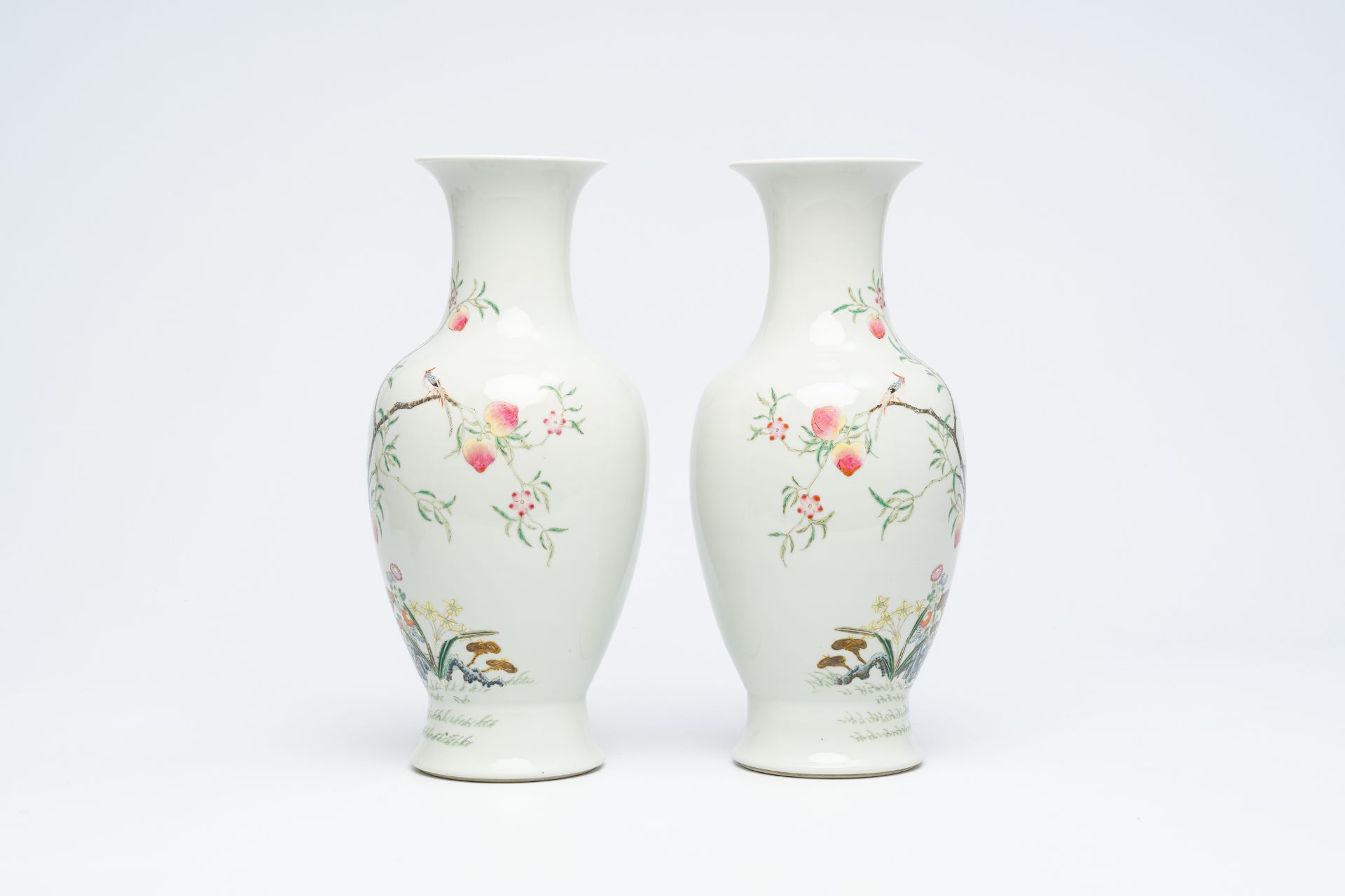 A pair of Chinese famille rose vases with floral design, Guangxu mark, Republic, 20th C. - Image 4 of 12