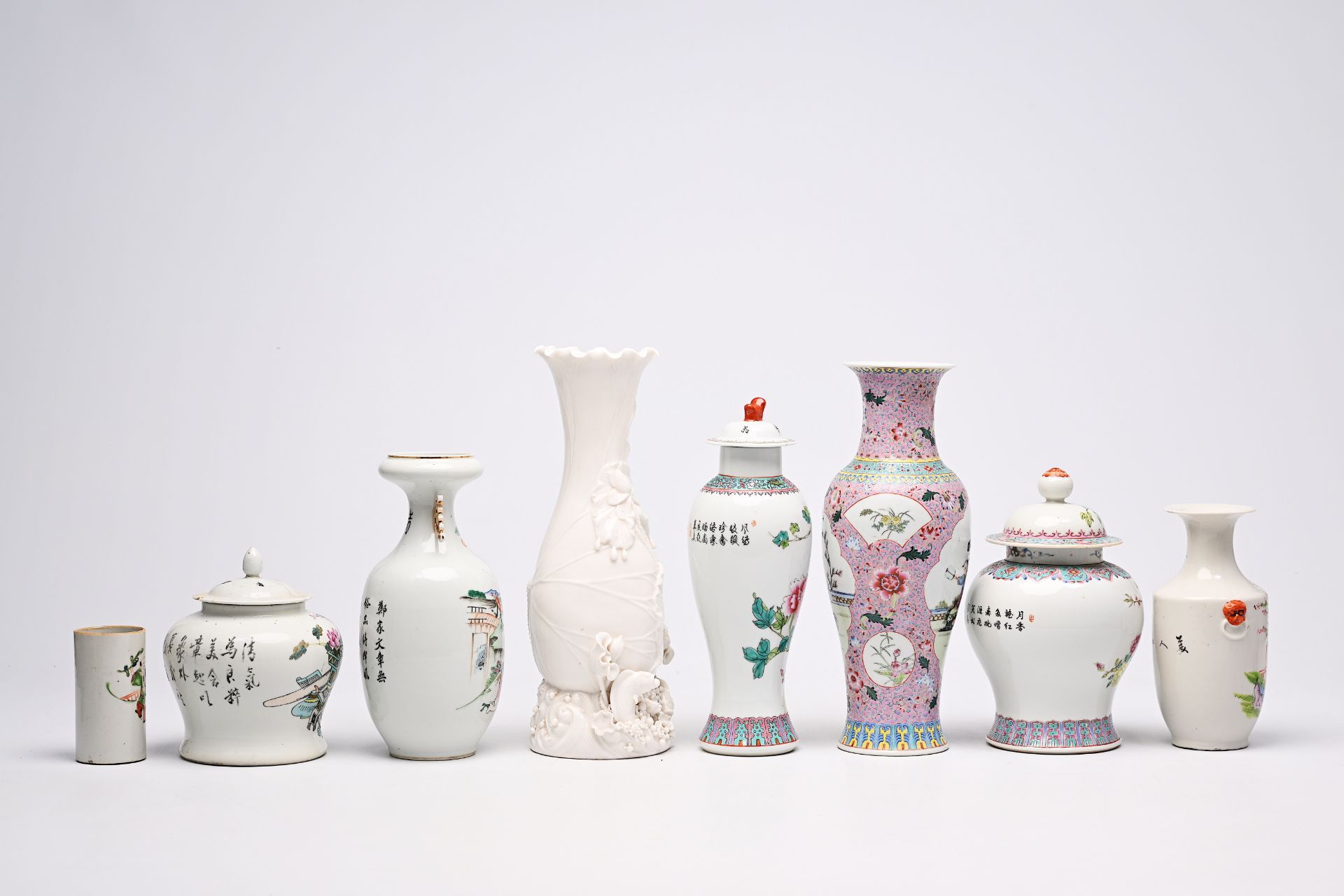 Five various Chinese famille rose and blanc de Chine vases, two jars and covers and a brush pot with - Image 7 of 18