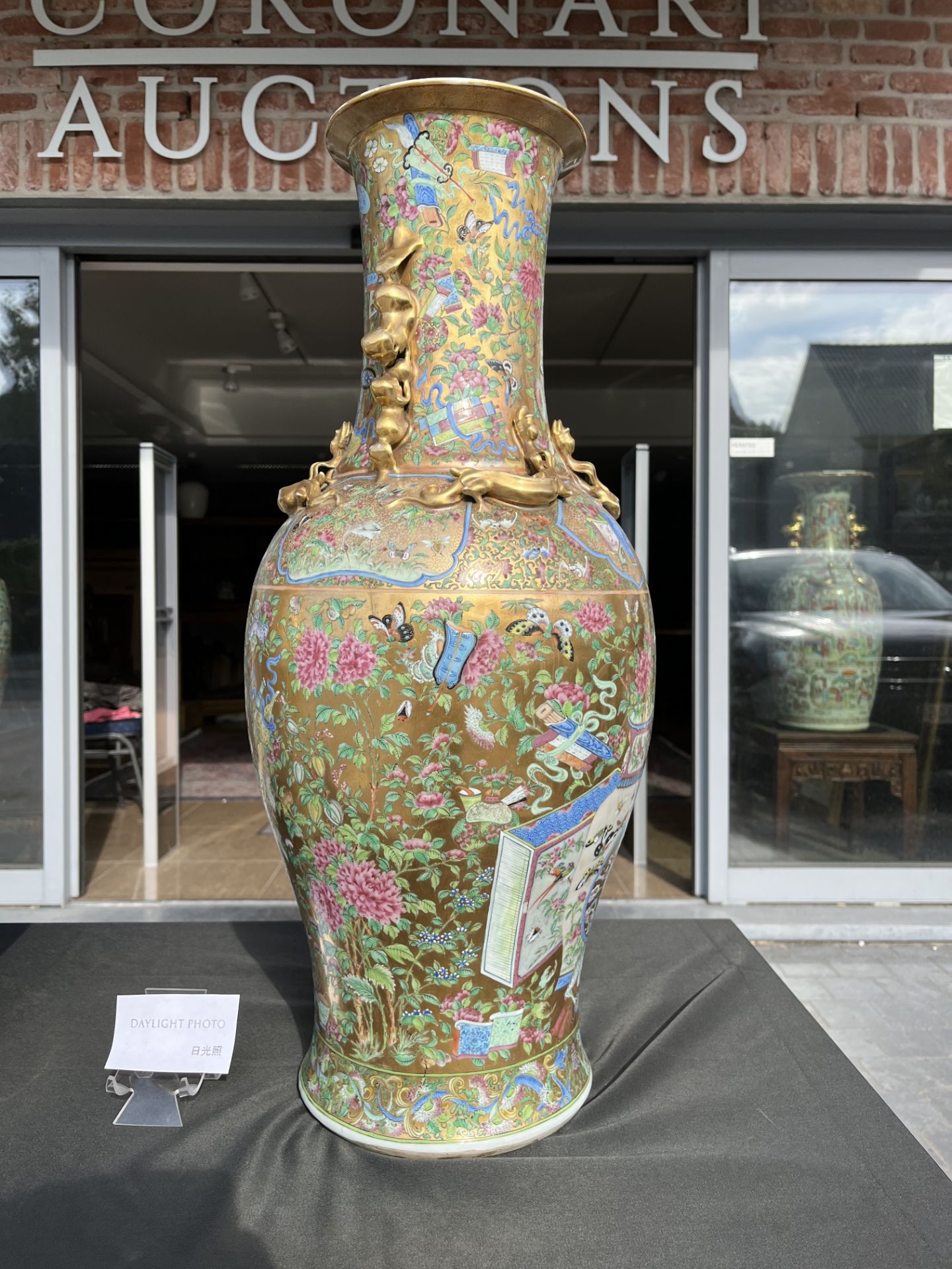 A pair of Chinese Canton famille rose gold ground vases with birds and butterflies among blossoming - Image 31 of 60