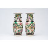 A pair of Chinese Nanking crackle glazed famille rose 'warrior' vases, 19th C.