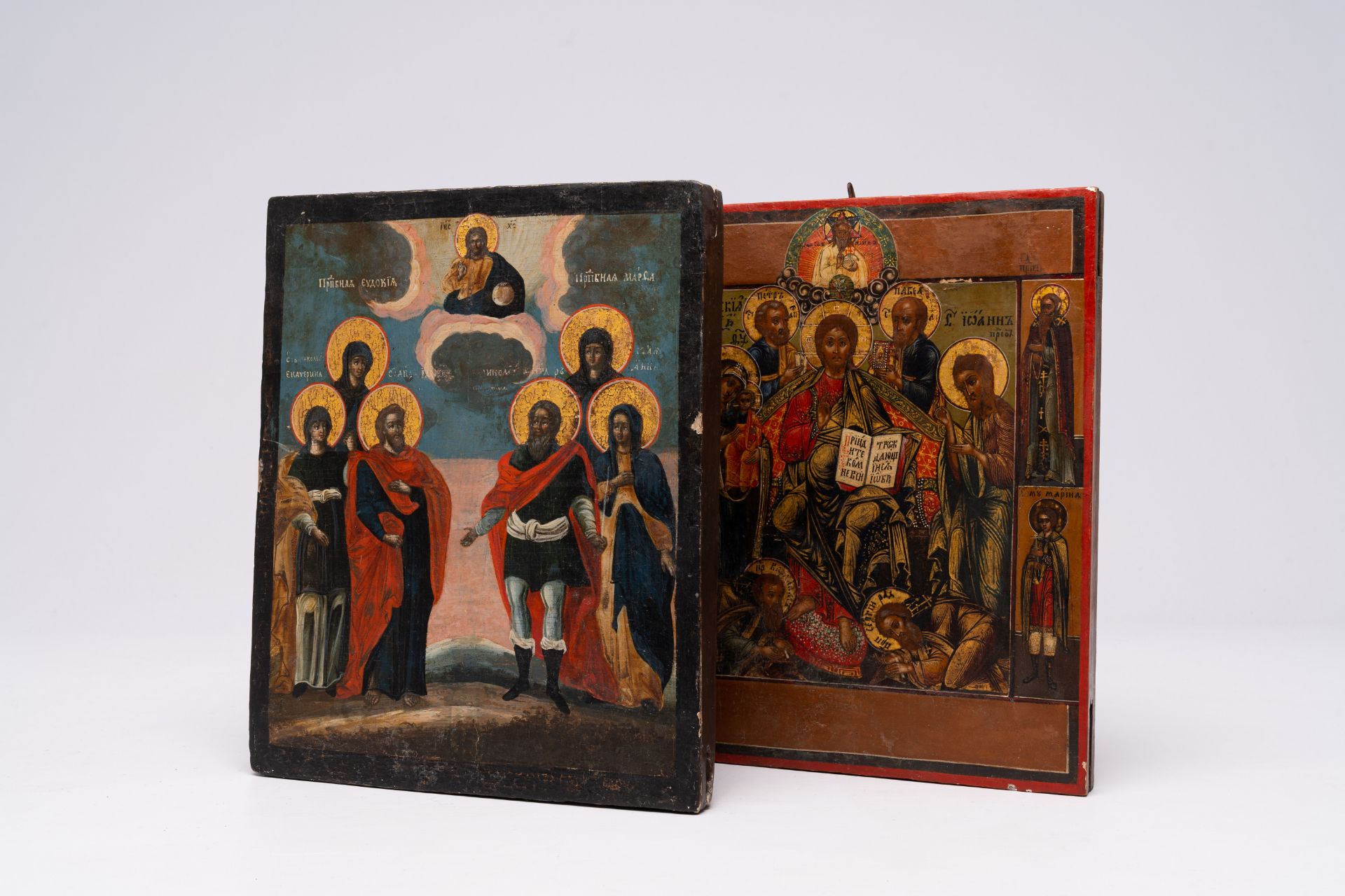 Two orthodox icons, 'Jesus Christ enthroned (Deesis)' and 'Saints', 19th C. - Image 4 of 7