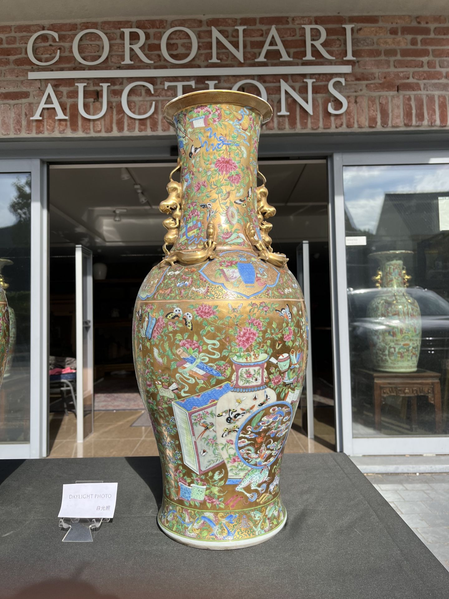 A pair of Chinese Canton famille rose gold ground vases with birds and butterflies among blossoming - Image 25 of 60