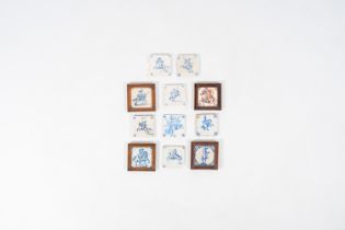 Eleven blue and white and polychrome Dutch Delft tiles with horses and riders, 17th/19th C.