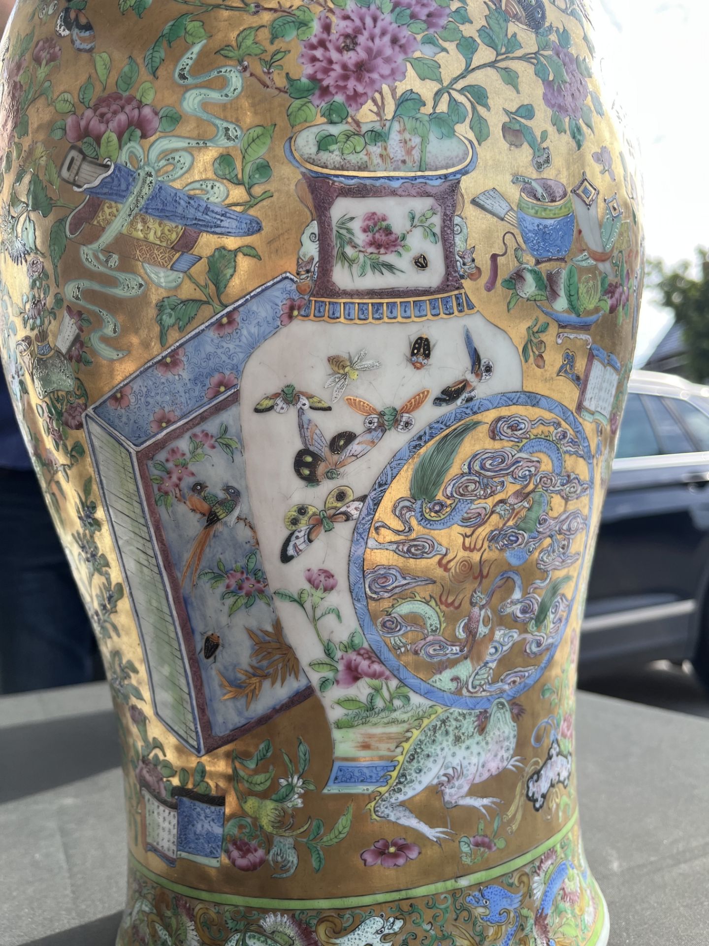 A pair of Chinese Canton famille rose gold ground vases with birds and butterflies among blossoming - Image 50 of 60