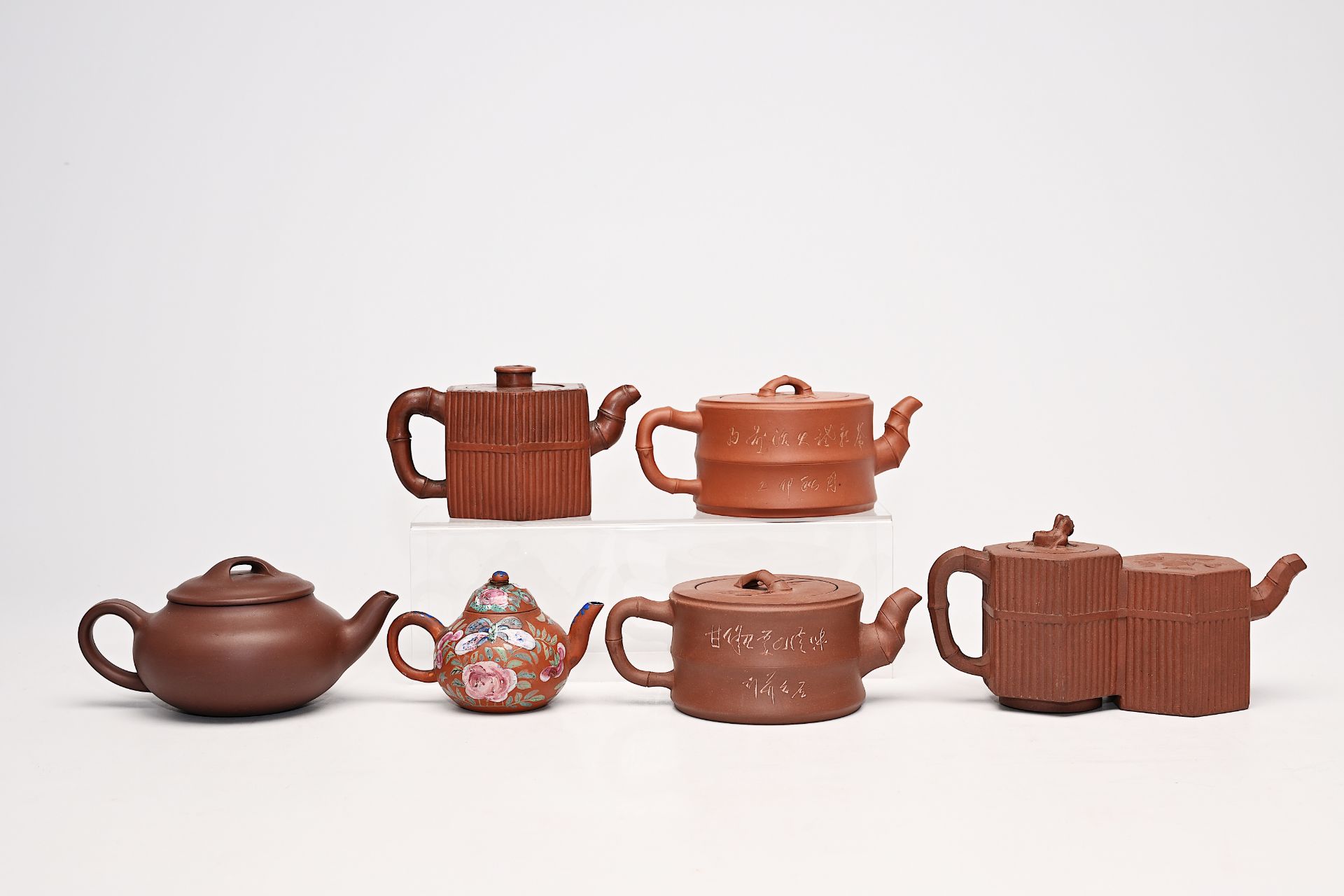 Six various Chinese Yixing stoneware teapots and covers one with enamelled design, 19th/20th C. - Image 2 of 18
