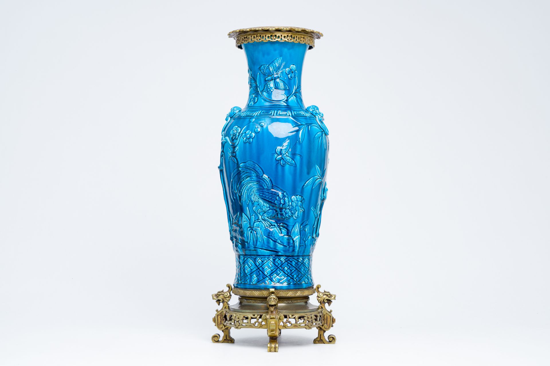 A French turquoise glazed bronze mounted chinoiserie vase with relief design, probably Theodore Deck - Image 4 of 7