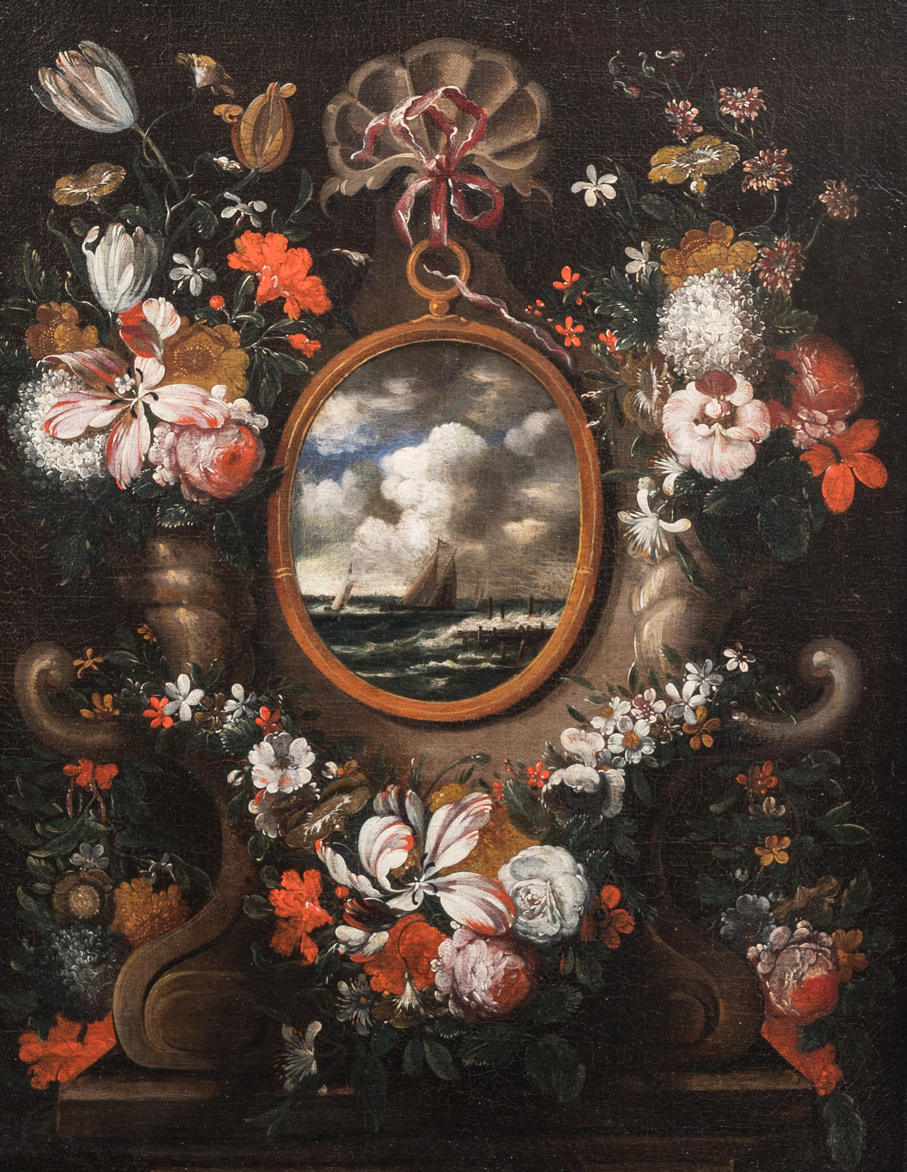 German school: Medallion with a marine surrounded by a garland of flowers, oil on canvas, ca. 1700