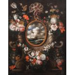 German school: Medallion with a marine surrounded by a garland of flowers, oil on canvas, ca. 1700