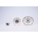 A Chinese famille rose armorial oval dish and a cup and saucer, Qianlong