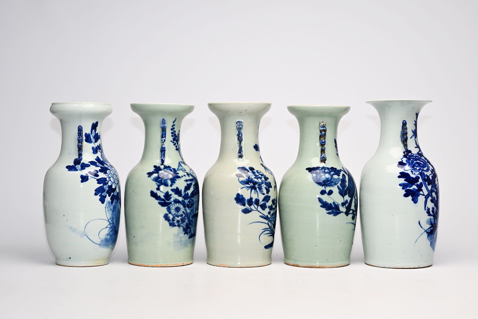 Five Chinese blue and white celadon ground vases with birds among blossoming branches and floral des - Bild 8 aus 14