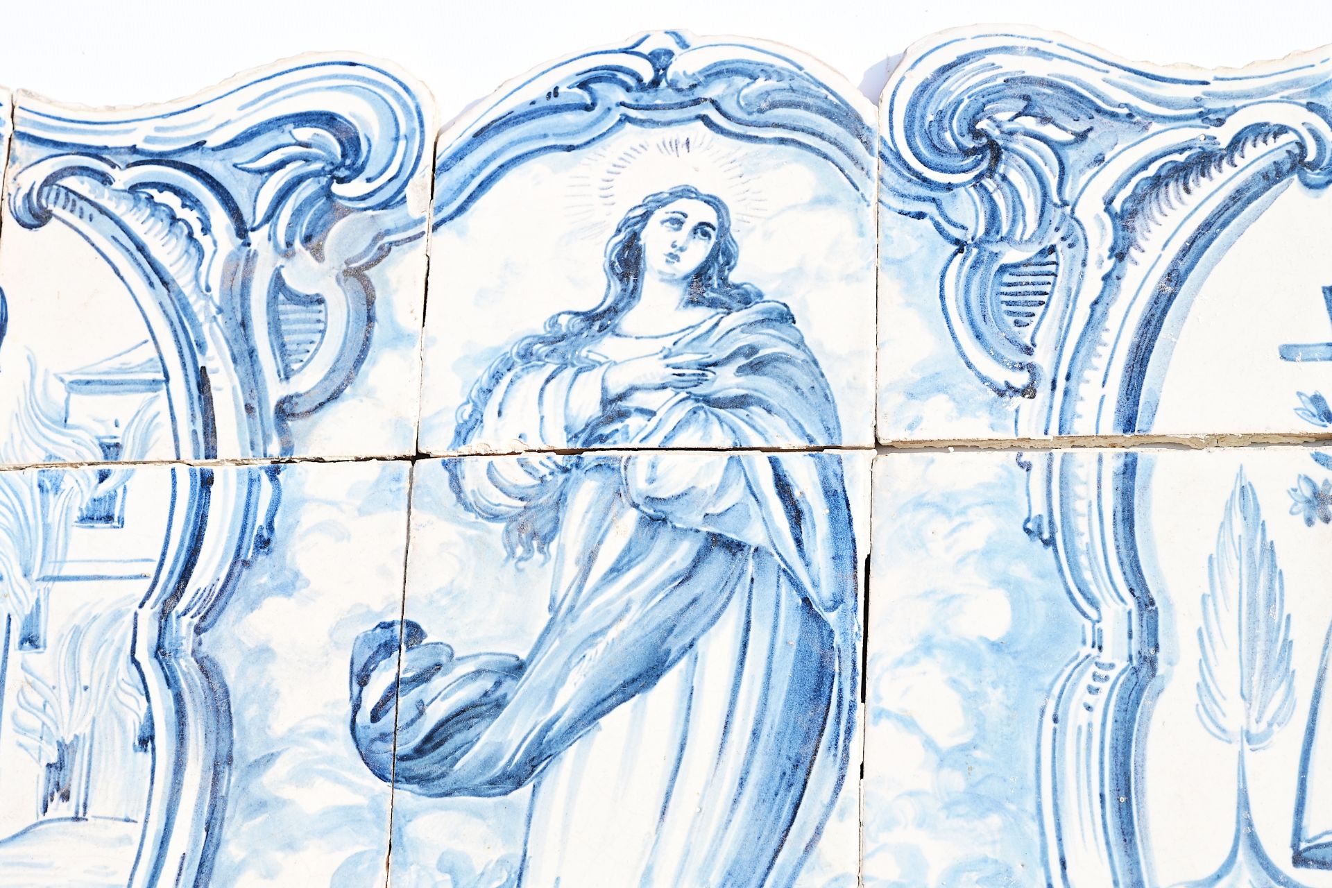 A Portuguese blue and white tile mural with the Madonna and two saints, late 18th C. - Image 6 of 7