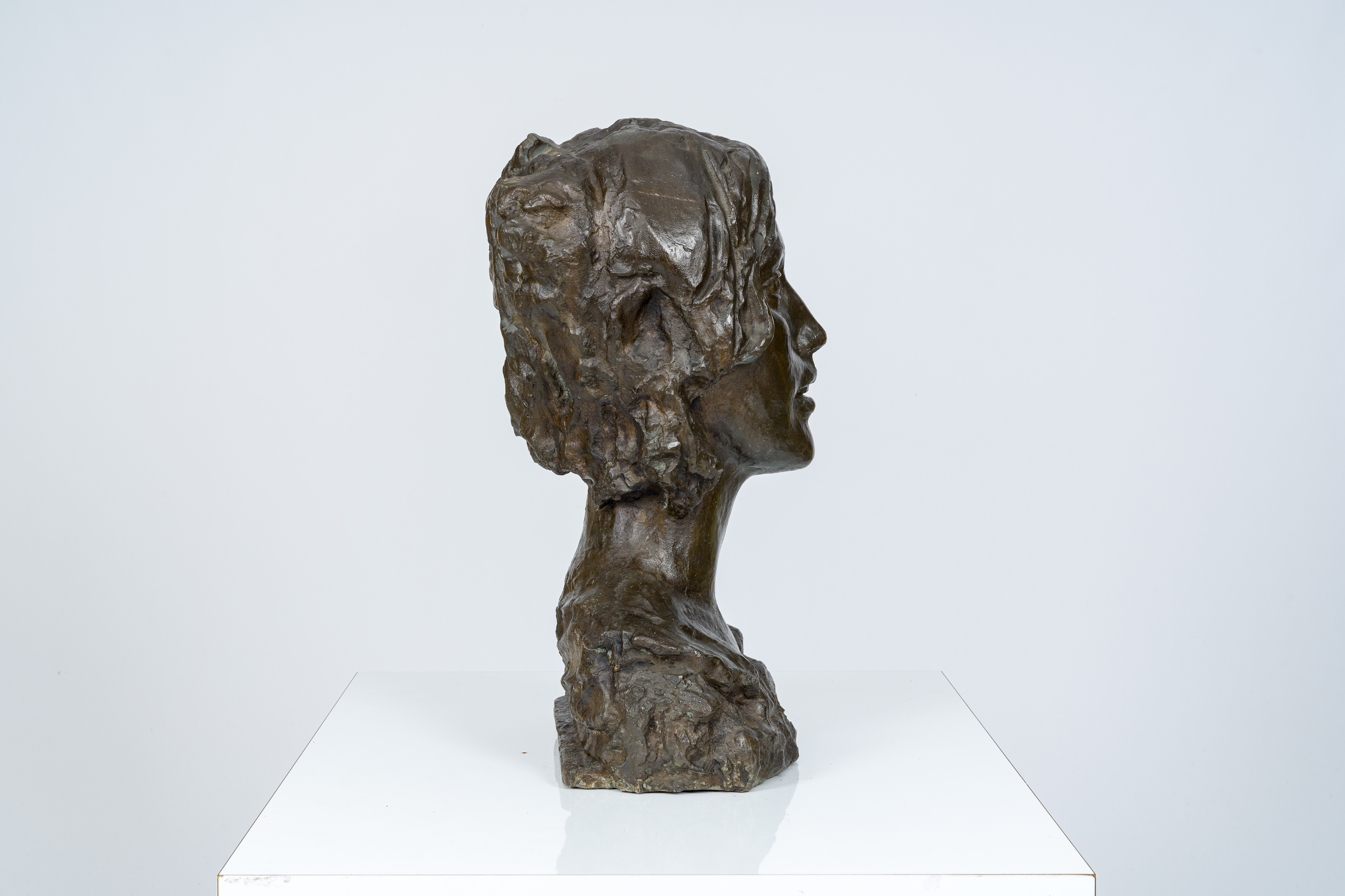 Eastern European school: Bust of a lady, brown patinated bronze, 20th C. - Image 5 of 7