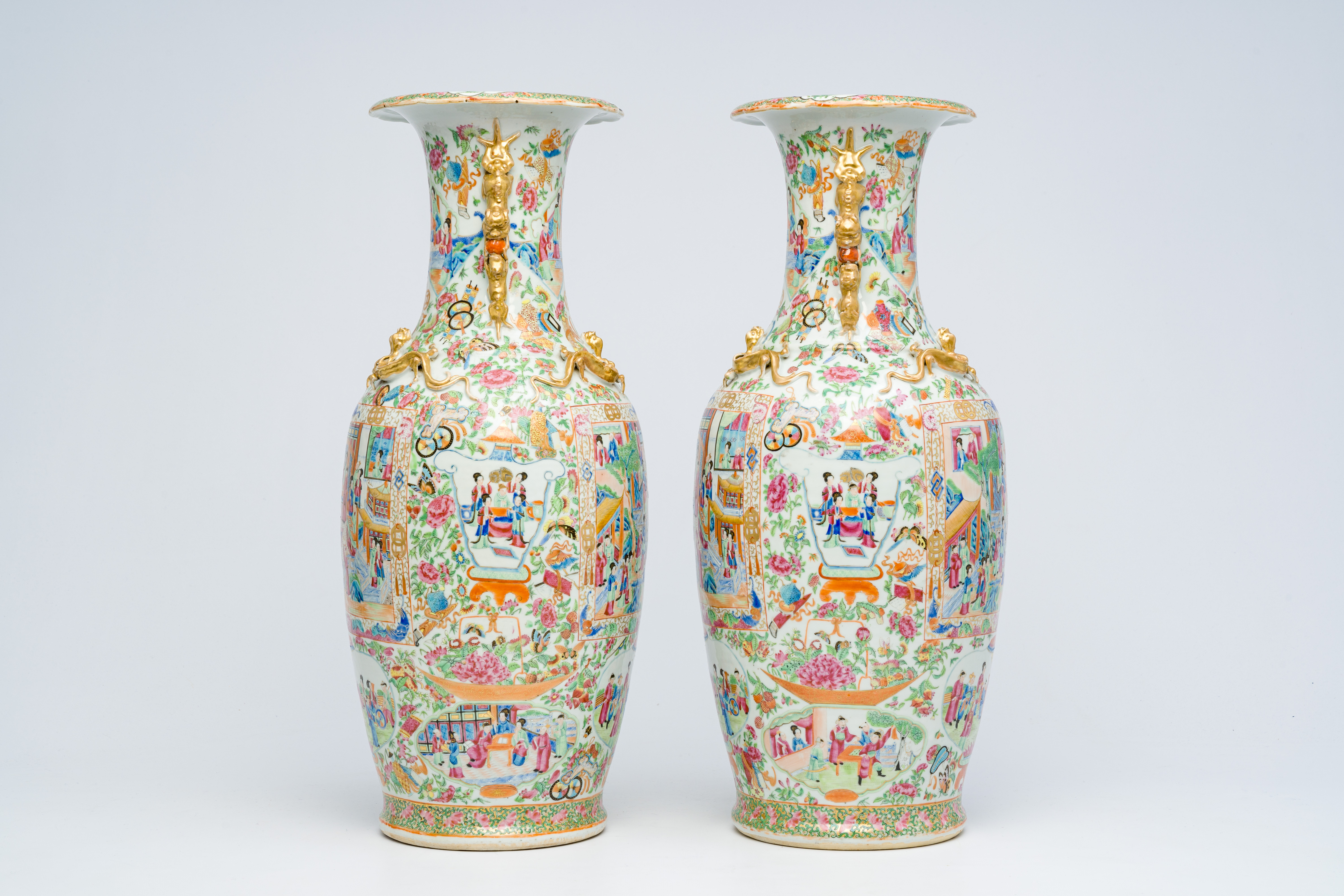 A pair of Chinese Canton famille rose vases with animated scenes, auspicious symbols and butterflies - Image 2 of 6