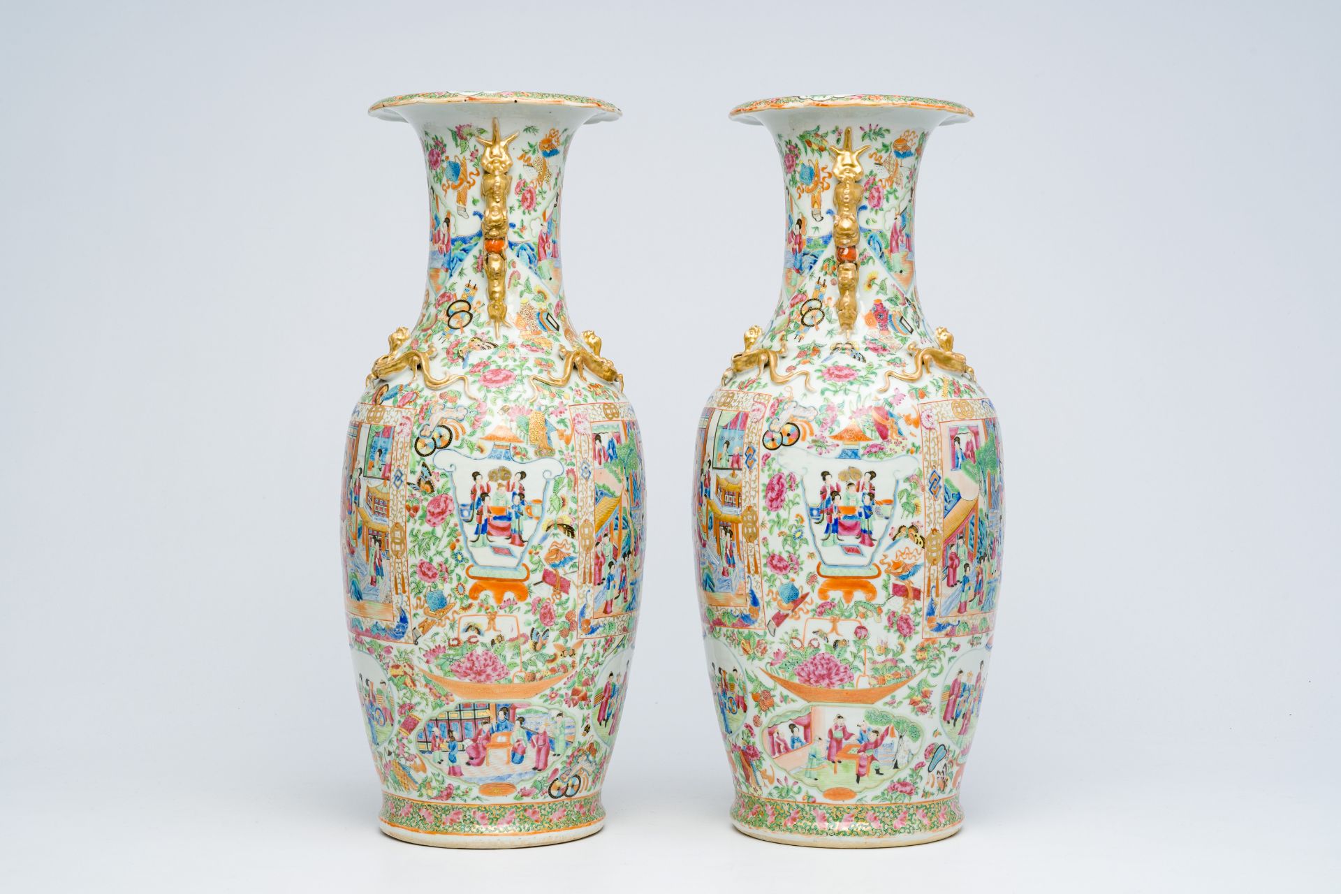 A pair of Chinese Canton famille rose vases with animated scenes, auspicious symbols and butterflies - Image 2 of 6