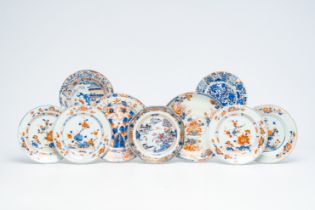 Nine Chinese Imari and rose-Imari plates and dishes with floral design and animated landscapes, Kang