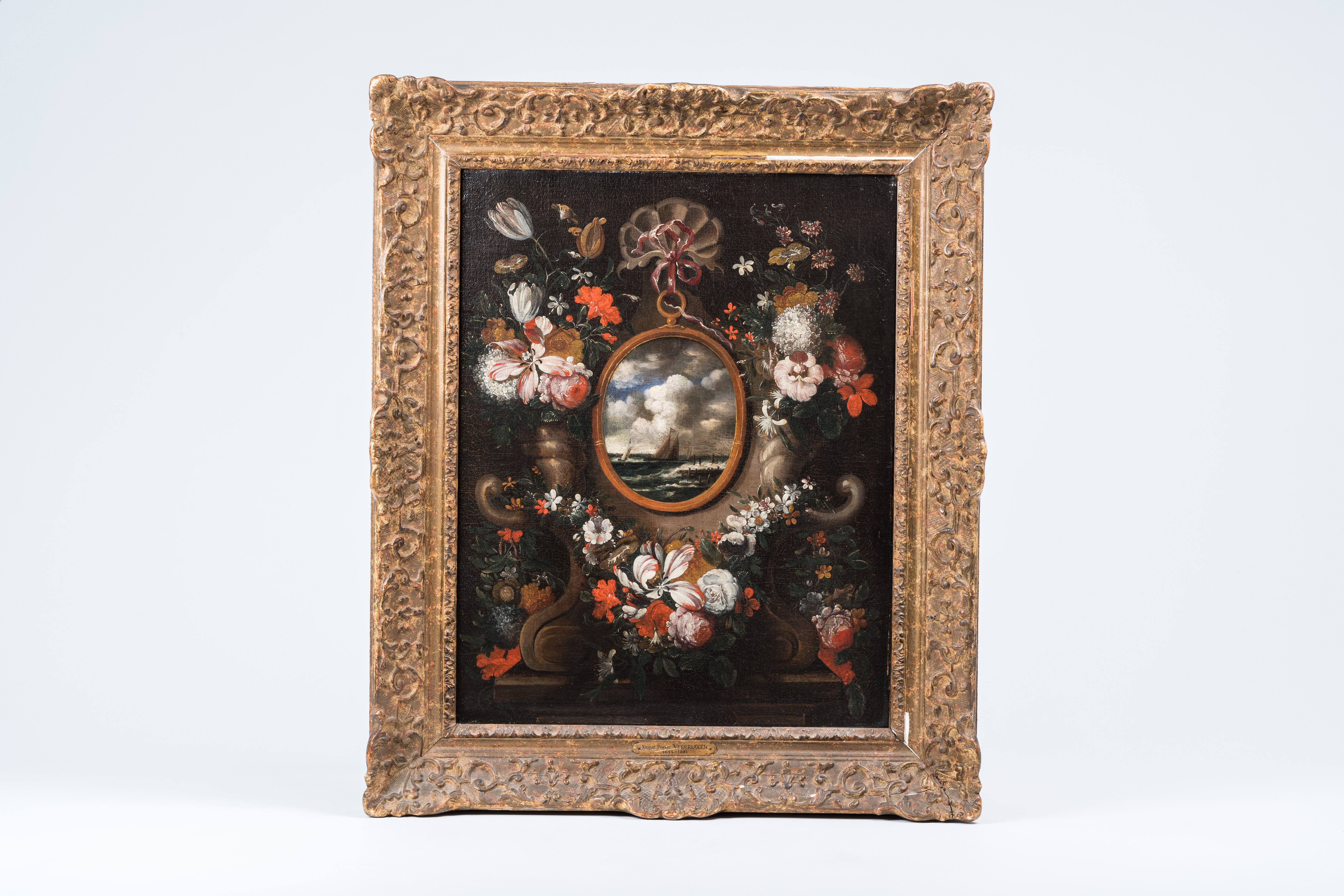 German school: Medallion with a marine surrounded by a garland of flowers, oil on canvas, ca. 1700 - Image 2 of 5