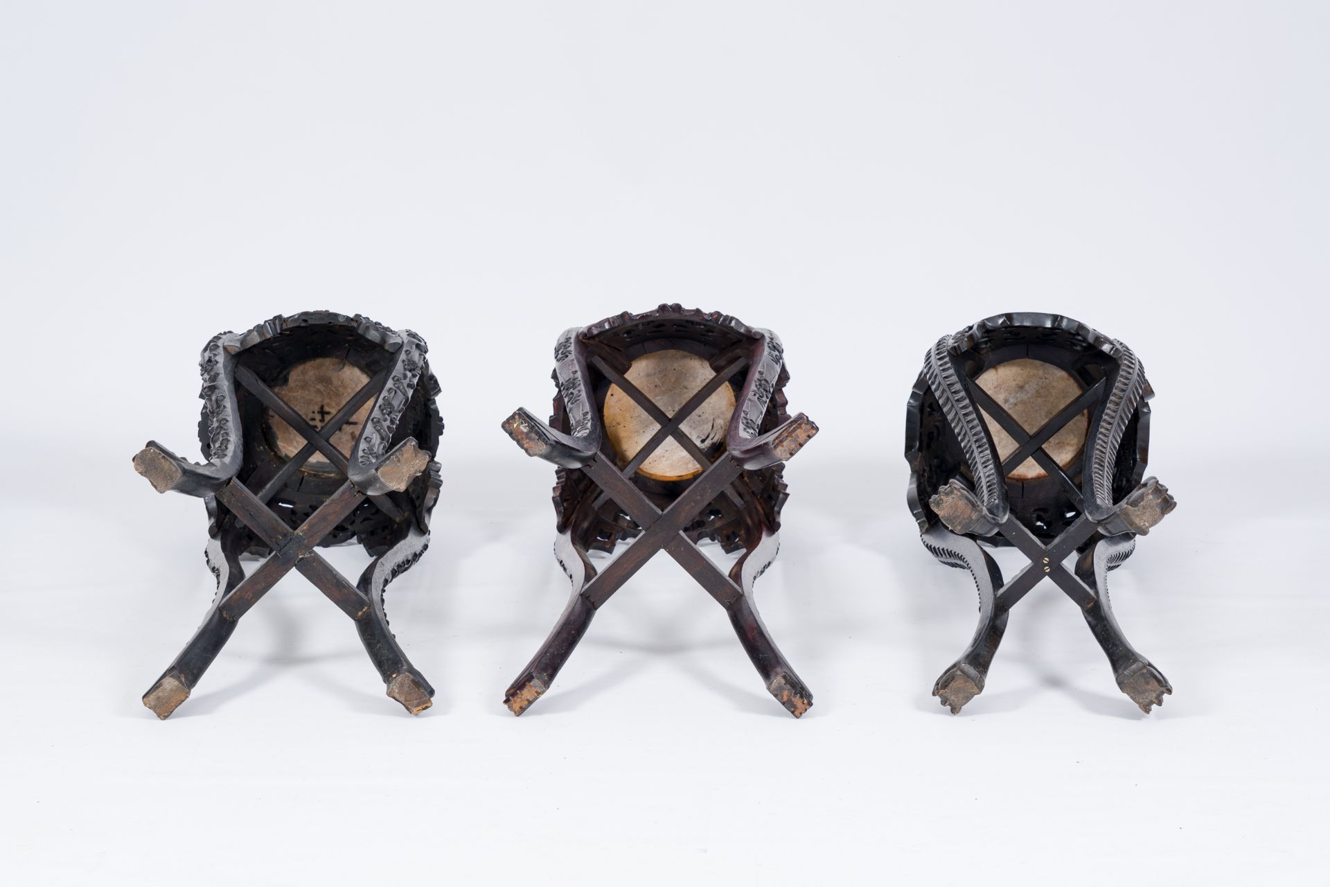 Three Chinese reticulated hardwood stands with marble tops, 19th/20th C. - Image 7 of 7