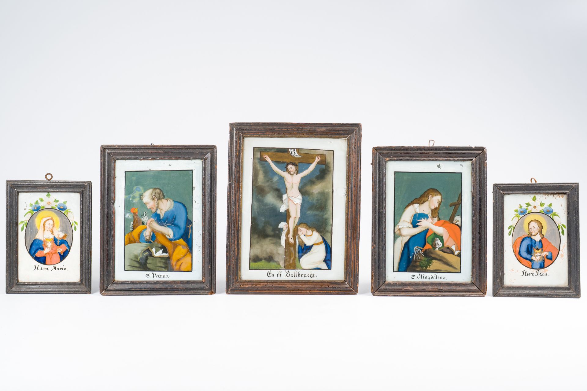 German school: Five different religious scenes, reverse glass painting, 18th/19th C. - Image 2 of 8