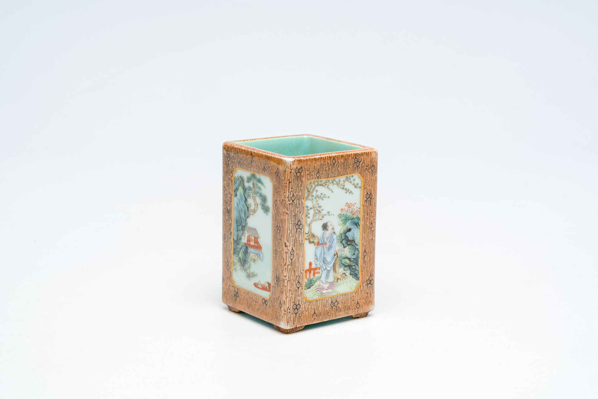 A Chinese famille rose brush pot with landscapes and Immortals, Daoguang mark, 20th C.