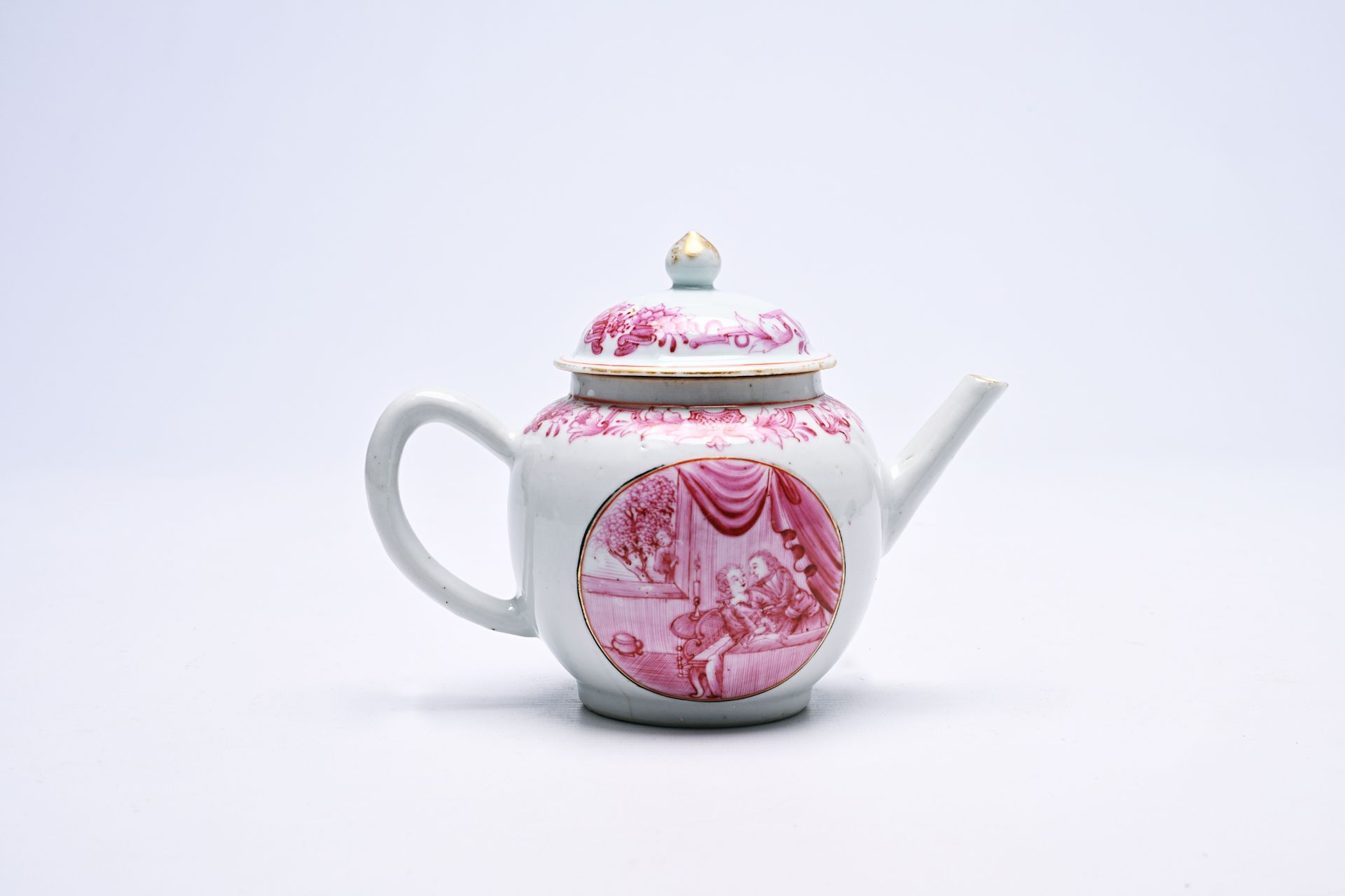 A rare Chinese puce-decorated export porcelain teapot and cover with a romantic subject, Qianlong