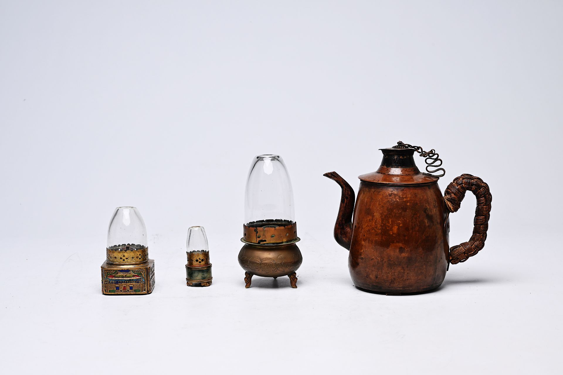 Three Chinese brass opium lamps and a wine warmer, Republic - Image 3 of 9